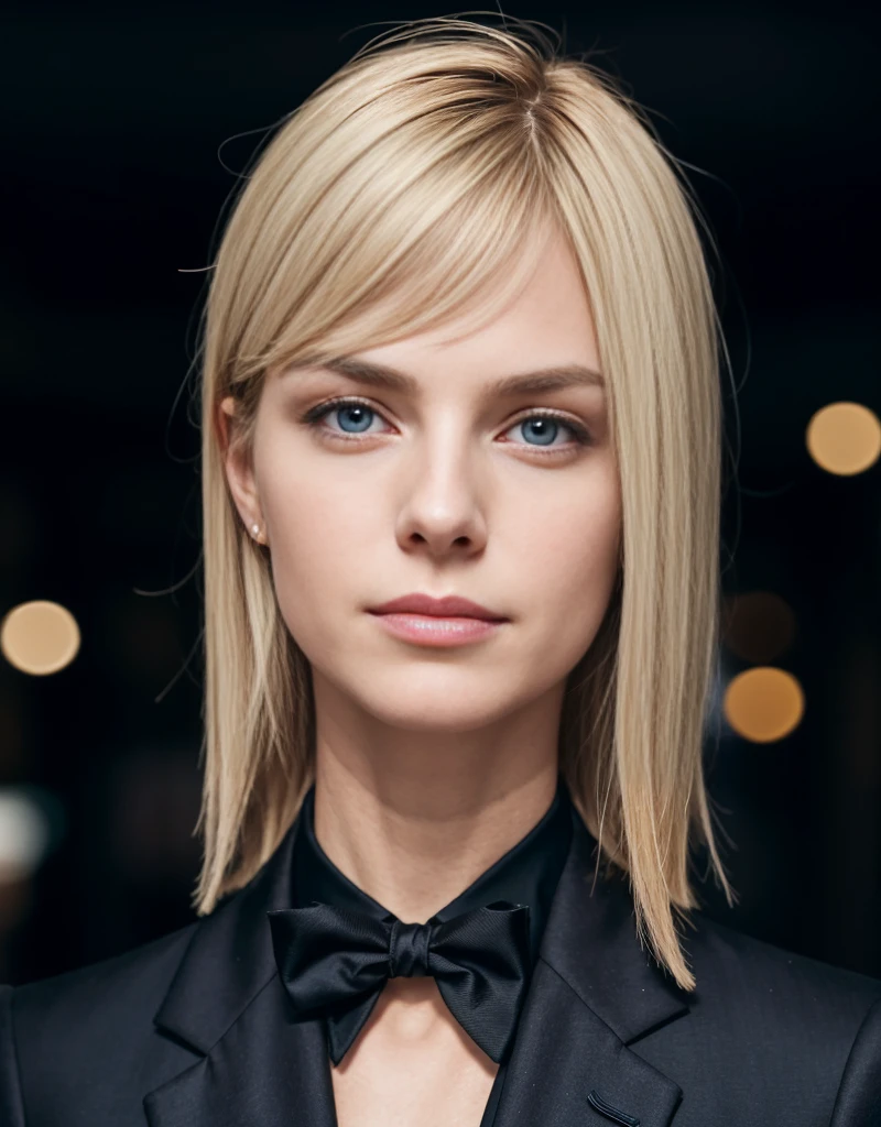 Portrait of European girl,alone,20 years,pretty face,upper body,hair covering one eye,medium side cut, blonde hair, sharp focus,black suit