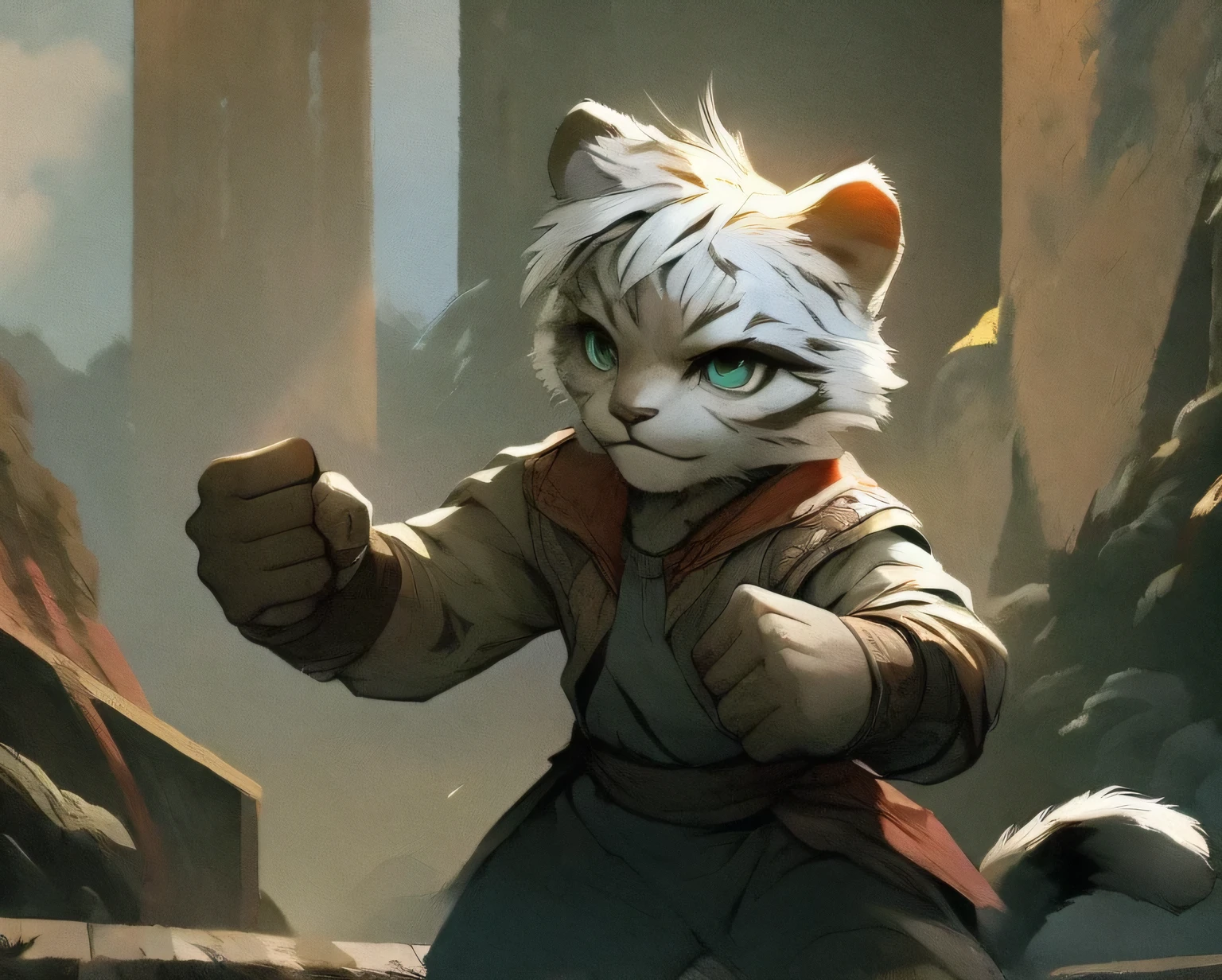 The streets of London at the beginning of the twentieth century,White Tiger,boys,white hair,Wearing a gray trench coat,bright morning sunshine,Bright and intelligent eyes,splash art,fist fighting stance(masterpiece)(high quality)(clear structure)(Clear line background with great details)