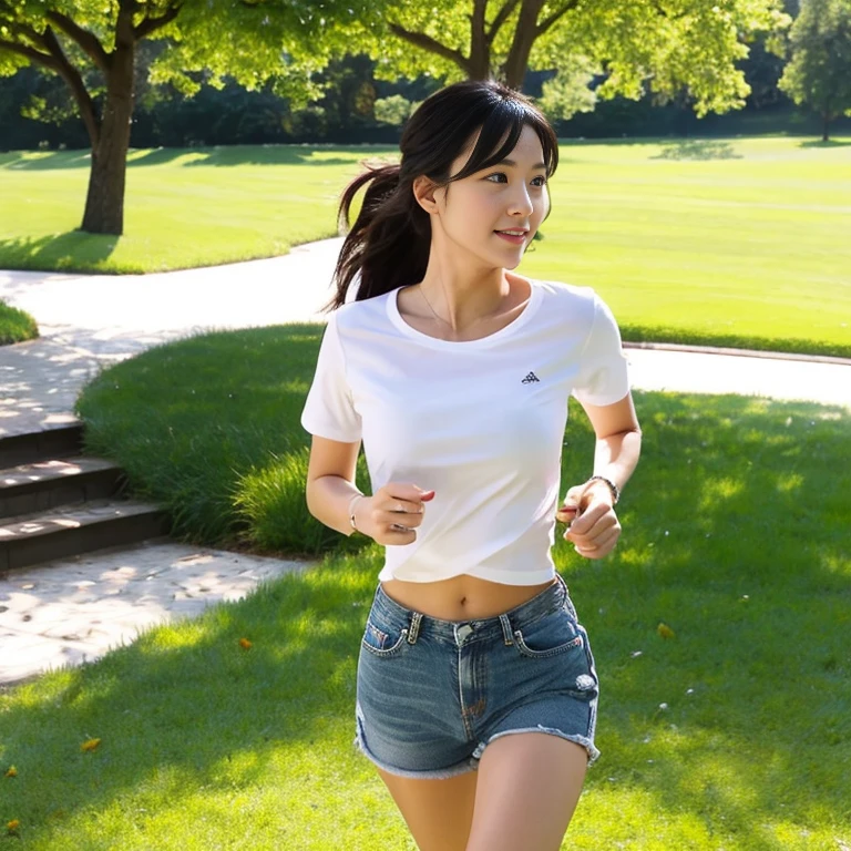 Beautiful girl running in the park、white t-shirt、hot pants、Sunny