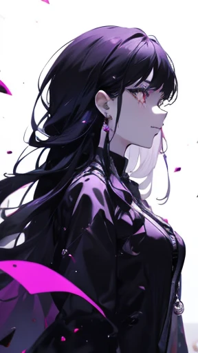 One girl, front, (standing: 1.1), whole body, smile, long hair, white background, jewel, smile, jacket, deep purple and black hair, earrings, deep purple gradation, necklace From the side, from the side, lips, eyelashes, makeup, long straight hair, earrings, diamonds, lipstick, earrings, eye shadows, hoop earrings, pink lip, purple theme, purple eye shadow, heel pumps