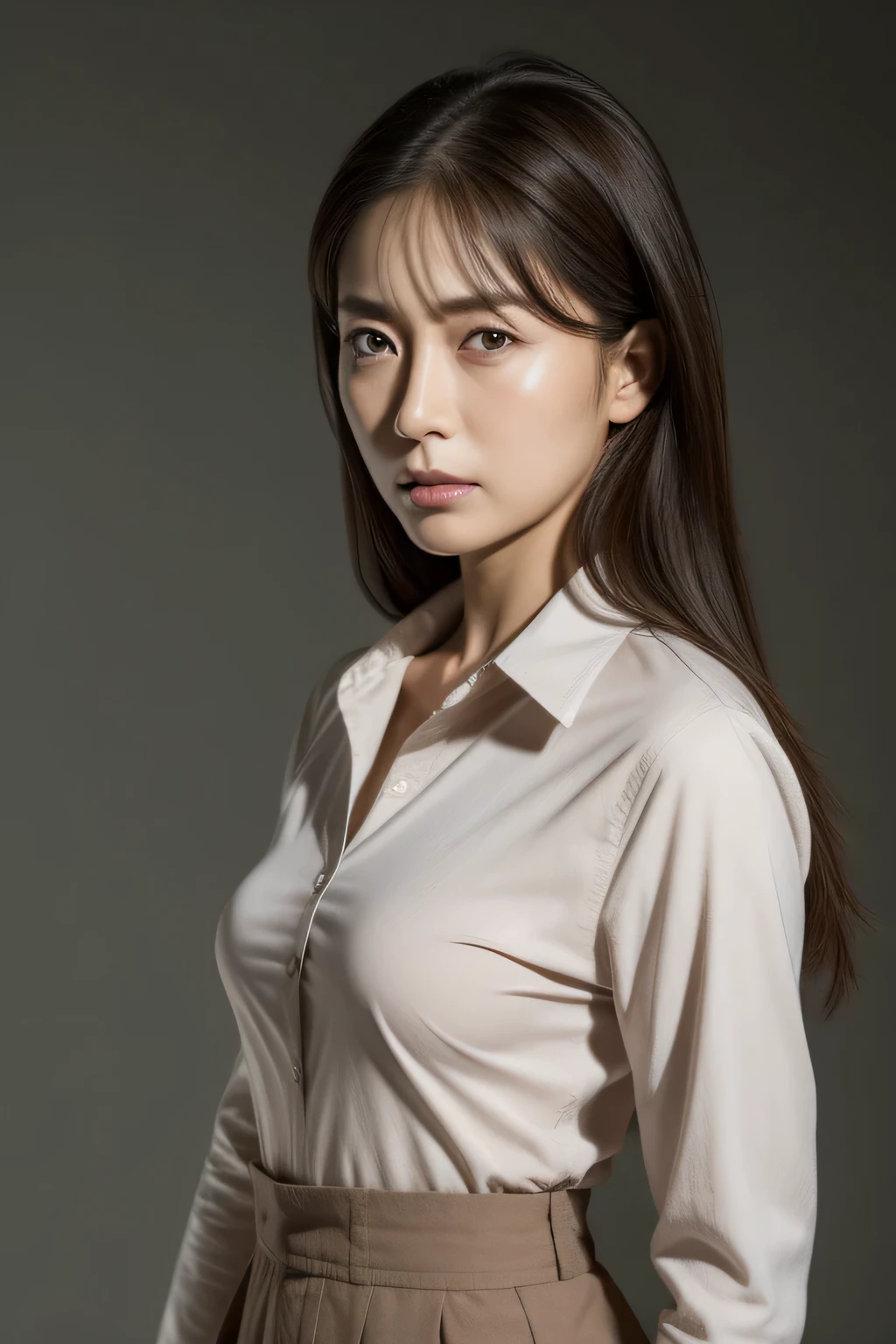 ultra high resolution, masterpiece, rough skin, very detailed, Photoreal, professional lighting, written boundary depth, sharp,
gray background, (japanese mature, ), women sexy, detailed face, beautiful eyes, bangs, well-shaped small breasts, light brown long straight hair, faint lips, ((stand in front、look at the audience, serious face eyes.)), buttoned shirt, skirt, full body photo, cowboy shot