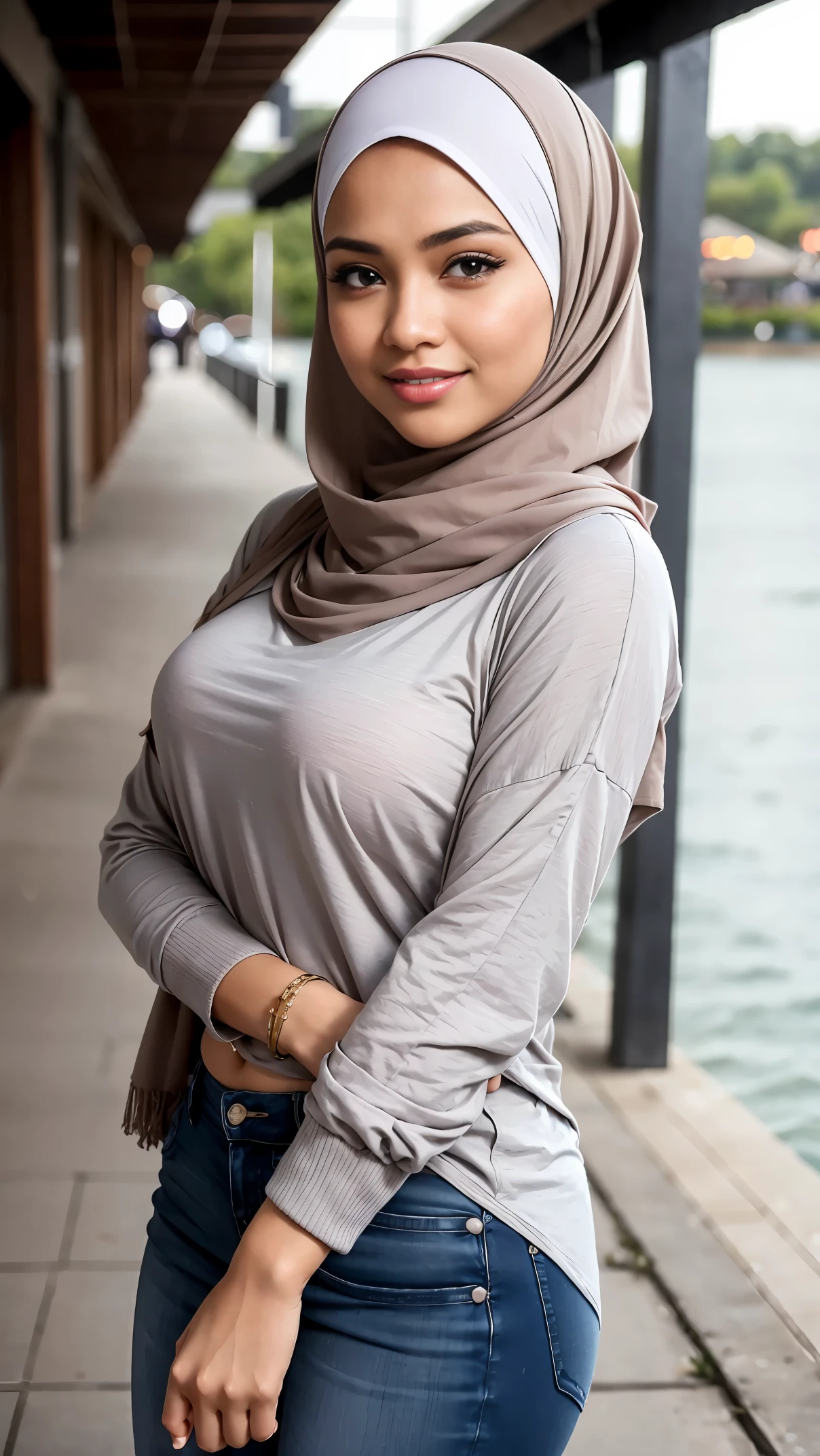 (Close up).RAW, Best quality, high resolution, work: 1.3, beautiful Malay woman in hijab, beautiful big eyes, smiling, beautiful face, shiny lips, soft smile, medium portrait, watery eyes, big breasts,thick thighs, woman walking on a pier , casual clothing style, wearing casual clothing, with lovely look, wearing elegant casual clothes, wearing casual clothes, wearing a dark shirt and jeans, casual modern clothing, casual pose, wearing beautiful clothes, modern casual clothing, modern fashion outfit, a cute young woman,  clothes, women full body, hijab 