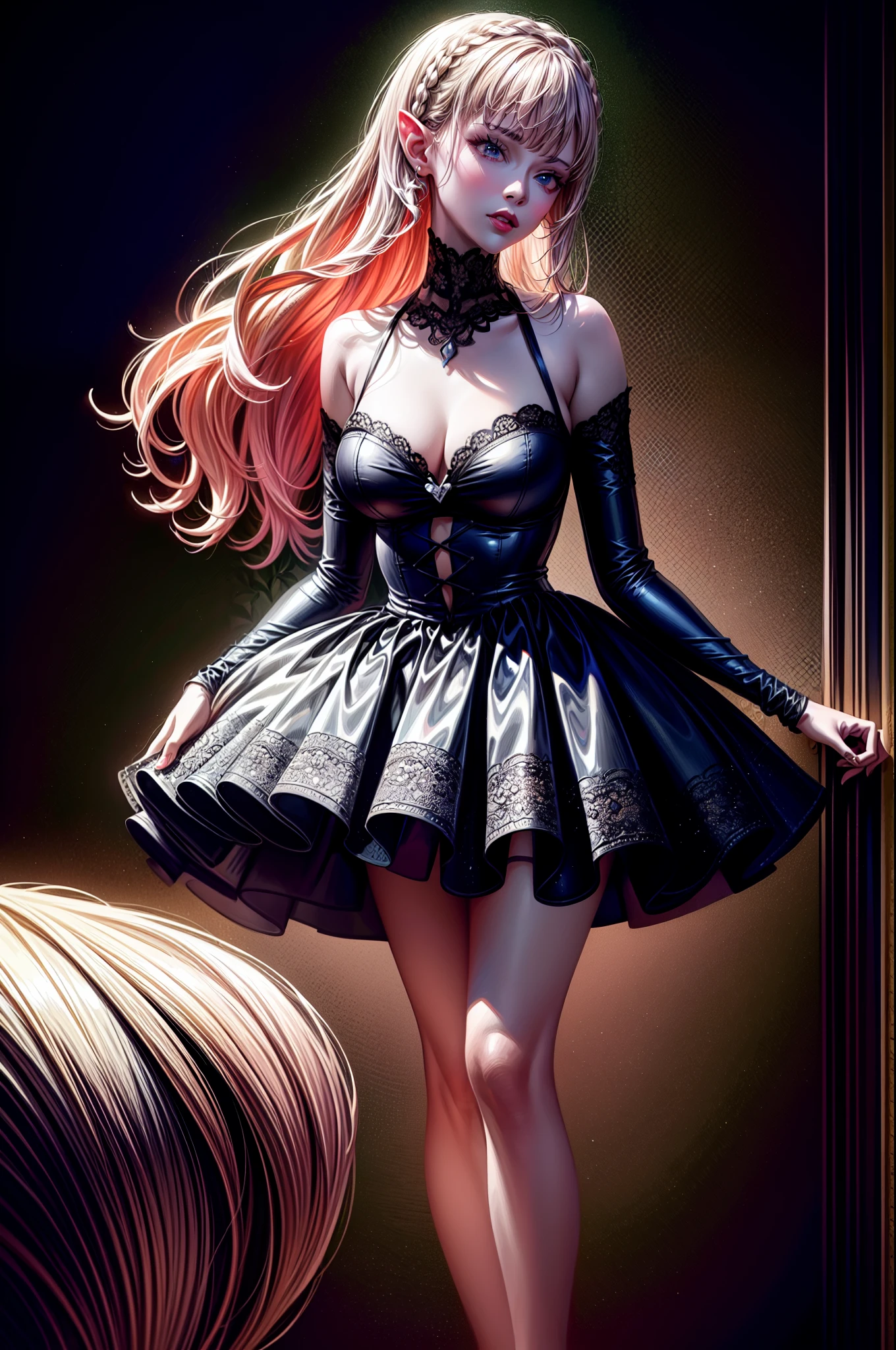 a pin up picture of Elf Barbie as a dominatrix queen (best details, Masterpiece, best quality :1.5), ultra detailed face (best details, Masterpiece, best quality :1.5), ultra feminine (best details, Masterpiece, best quality :1.5), wearing latex pink mini dress, pink stockings, pink high heels, long braided hair, hair pulled back, blond hair, modern bedroom background (best details, Masterpiece, best quality :1.5), ultra best realistic pictures , best details, best quality, 16k, [ultra detailed], masterpiece, best quality, (extremely detailed), ultra wide shot, photorealism, depth of field, hyper realistic painting