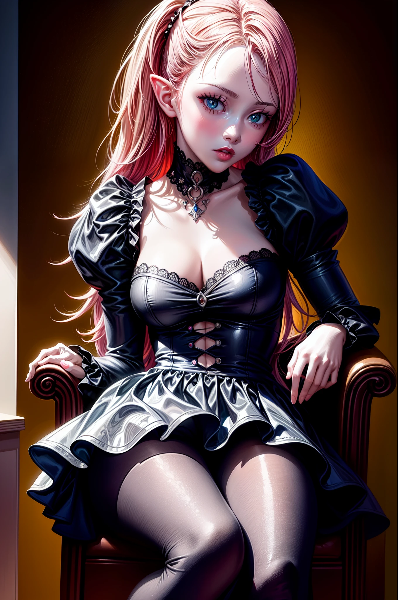 a pin up picture of Elf Barbie as a dominatrix queen (best details, Masterpiece, best quality :1.5), ultra detailed face (best details, Masterpiece, best quality :1.5), ultra feminine (best details, Masterpiece, best quality :1.5), wearing latex pink mini dress, pink stockings, pink high heels, long braided hair, hair pulled back, blond hair, modern bedroom background (best details, Masterpiece, best quality :1.5), ultra best realistic pictures , best details, best quality, 16k, [ultra detailed], masterpiece, best quality, (extremely detailed), ultra wide shot, photorealism, depth of field, hyper realistic painting