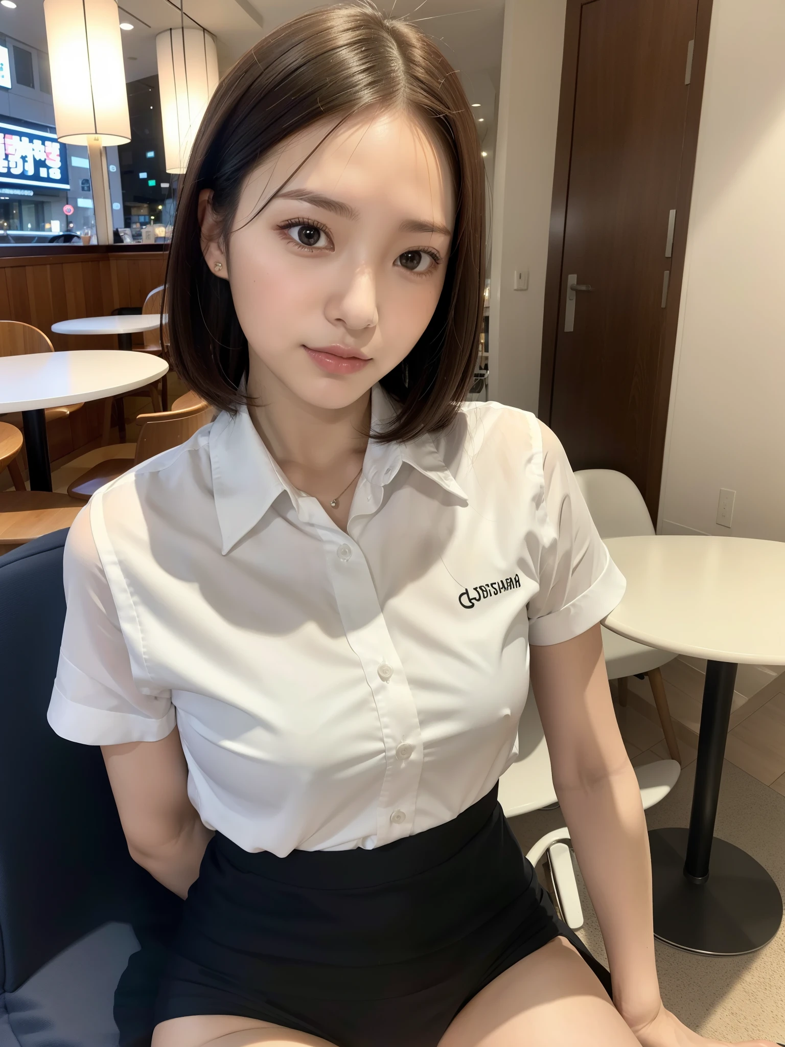 (business shirt, panties: 1.1), ((of the highest quality, 8K, masutepiece: 1.3, Raw photo)), Sharp Focus: 1.2, (1 AESPA Girl :1.1), (Solo: 1.15), (Realistic, Photorealistic: 1.37), (Face Focus: 1.1), Cute face, hyperdetailed face, Short messy hair, updo, Small breasts, flat chest, sitting, spread legs, Thigh, cafe, night bar