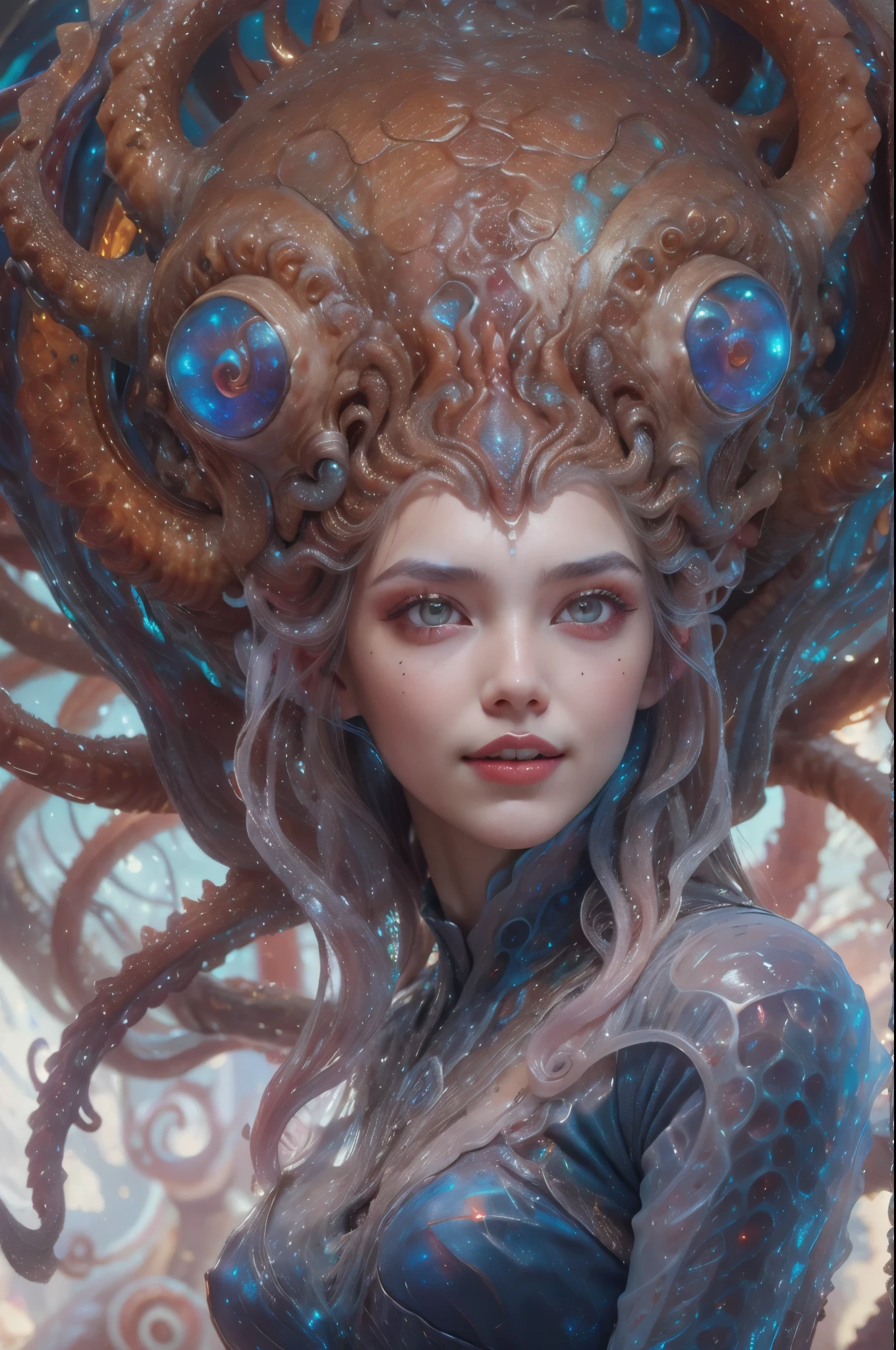 scary and sexy detailed art in color, Portrait, (beautiful and obscene female alien:1.4), (vulgarity1.7), (she has red eyes with no pupils:1.8), (Translucent white skin:1.7), (There is a female genital-like organ in the middle of the forehead:1.9), (The most beautiful face in the history of the universe:1.2),an evil gaze that seduces, (large mouth:1.1), (sharp teeth like a vampire:1.2), Full body portrait, (bio luminescent:1.5), (Smile wickedly:1.3), (sexypose:1.5), alien, No humans, cells are fused, (Lots of translucent tentacles:1.3) extraterrestrial, cell, bio image, best quality, 8K, In 4K_quality, High freshness, Dramatic Lighting, masutepiece:1.5,cinematic quality, detail up, (exquisite details:1.2), high resolution, High freshness, drawing faithfully, (Thick eyebrows:1.2), Beautiful eyes with fine symmetry,(Highly detailed face and eyes:1.2), Intimate face, (Super detailed skin quality feeling:1.4), perfect anatomy, (Beautiful toned body:1.5), (Moist skin:1.2), not wearing makeup, (dark circles:1.1), long canines, cinematic drawing of characters, ultra high quality model, cinematic quality, detail up, (exquisite details:1.2), high resolution, High freshness, drawing faithfully, official art, Unity 8K Wall paper, best quality, Very high resolution, ultra detailed artistic photography, midnight aura, unreal engine 5, Ultra Sharp Focus, art by Amano Yoshitaka, ArtGerm, Roisch, intricate artwork, best quality, masterpiece, ultra high resolution, (photos realistic:1.4), ultra realistic realism, dream-like, nautilus, Creation of fantasy, Snail, Dream Snail, (biopunk nautilus:1.3),Thrilling color schemes, ultra realistic realism, seductively smiling, Blue tentacles, Amazing mutation, well-proportioned body, goddess of the deep sea
