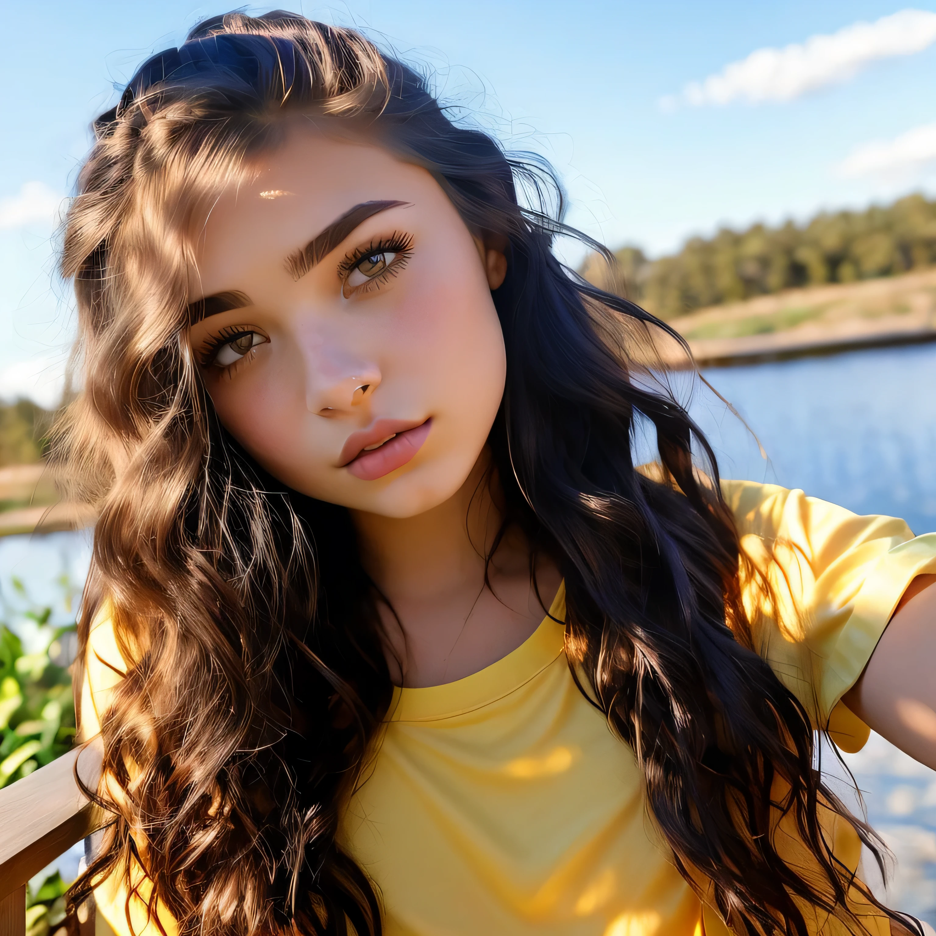arafed woman with long hair and a yellow shirt taking a selfie, kailee mandel, portrait sophie mudd, pokimane, charli bowater, 18 years old, without makeup, anastasia ovchinnikova, madison beer, 19-year-old girl, sydney hanson, serena malyon, viktoria gavrilenko, violet myers