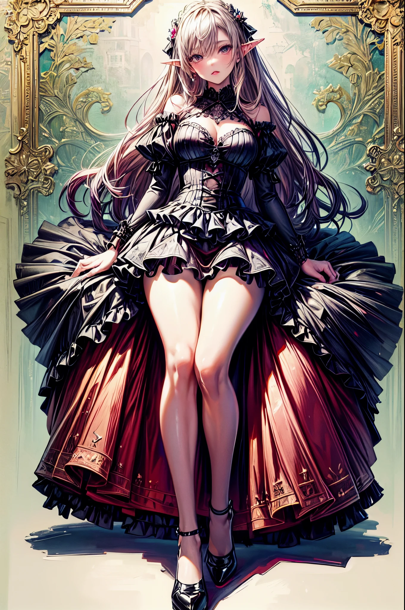 a pin up picture of Elf Barbie as a dominatrix queen (best details, Masterpiece, best quality :1.5), ultra detailed face (best details, Masterpiece, best quality :1.5), ultra feminine (best details, Masterpiece, best quality :1.5), wearing latex (pink: 1.4) mini dress, pink stockings, pink high heels, long braided hair, hair pulled back, blond hair, modern bedroom background (best details, Masterpiece, best quality :1.5), ultra best realistic pictures , best details, best quality, 16k, [ultra detailed], masterpiece, best quality, (extremely detailed), ultra wide shot, photorealism, depth of field, hyper realistic painting