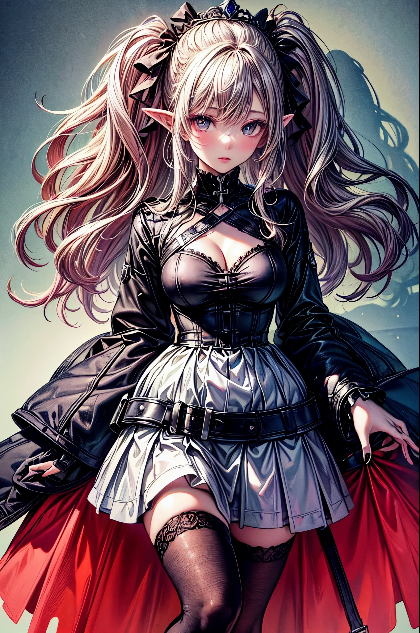 a pin up picture of Elf Barbie as a dominatrix queen (best details, Masterpiece, best quality :1.5), ultra detailed face (best details, Masterpiece, best quality :1.5), ultra feminine (best details, Masterpiece, best quality :1.5), wearing latex (pink: 1.4) mini dress, pink stockings, pink high heels, long braided hair, hair pulled back, blond hair, modern bedroom background (best details, Masterpiece, best quality :1.5), ultra best realistic pictures , best details, best quality, 16k, [ultra detailed], masterpiece, best quality, (extremely detailed), ultra wide shot, photorealism, depth of field, hyper realistic painting