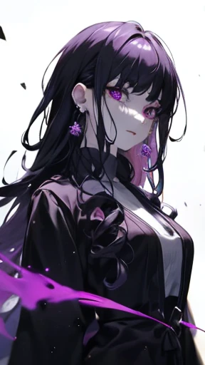 One girl, facing front, (standing: 1.1), whole body, perfect eye, smiling, long hair, white background, jewelry, smiles, jacket, deep purple and black, earrings, deep purple gradation Eyes, necklaces, sideways, sweaters, lips, eyelashes, makeup, long straight hair, earrings, diamonds, lipstick, earrings, eye shadows, hoop earrings, pink lips, purple theme, purple eyeshadow, heel pumps