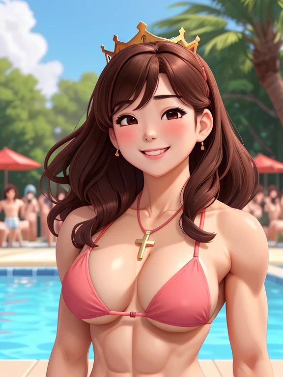 attractive korean woman, ripped muscle, muscular body, small breast, pale skin, smile(blush), bikini, crown, cross necklace, sixpack abs, [ultra detailed skin:1.2], brown hair, wavy hair, 8k uhd, pussy, full body, crowd, public, poolside, standing,
