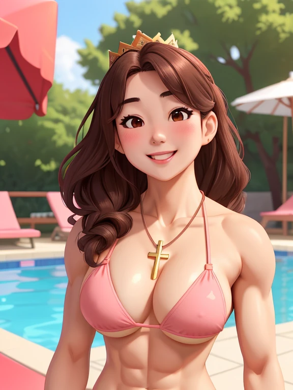 attractive korean woman, ripped muscle, muscular body, small breast, pale skin, smile(blush), bikini, crown, cross necklace, sixpack abs, [ultra detailed skin:1.2], brown hair, wavy hair, 8k uhd, pussy, full body, crowd, public, poolside, standing,
