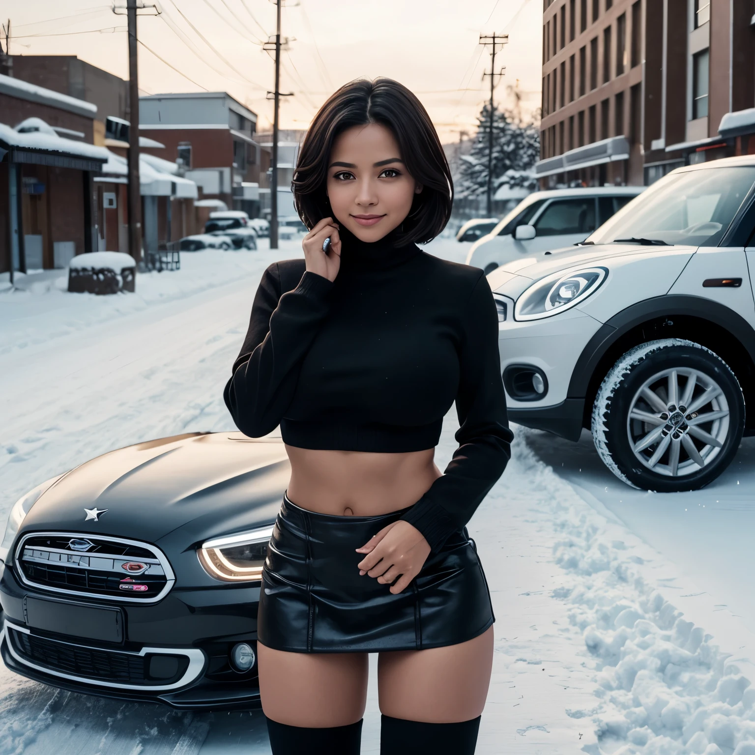 Isabel Merced, bob_cut hair, dressed in a partially closed winter jacket and black mini skirt, thigh high socks, freezing snowstorm, smiling seductively, cars crashed in the snow, (skin texture:1.1), (high detail face:1.1), full bodyshot, high detail body, high detail clothes, (big breasts:1.3),(masterpiece), (realistic), ultra high definition, 4k, ultra high resolution, film grain, cinematic lighting, rim lighting, photo by Arny Freytag, RAW image