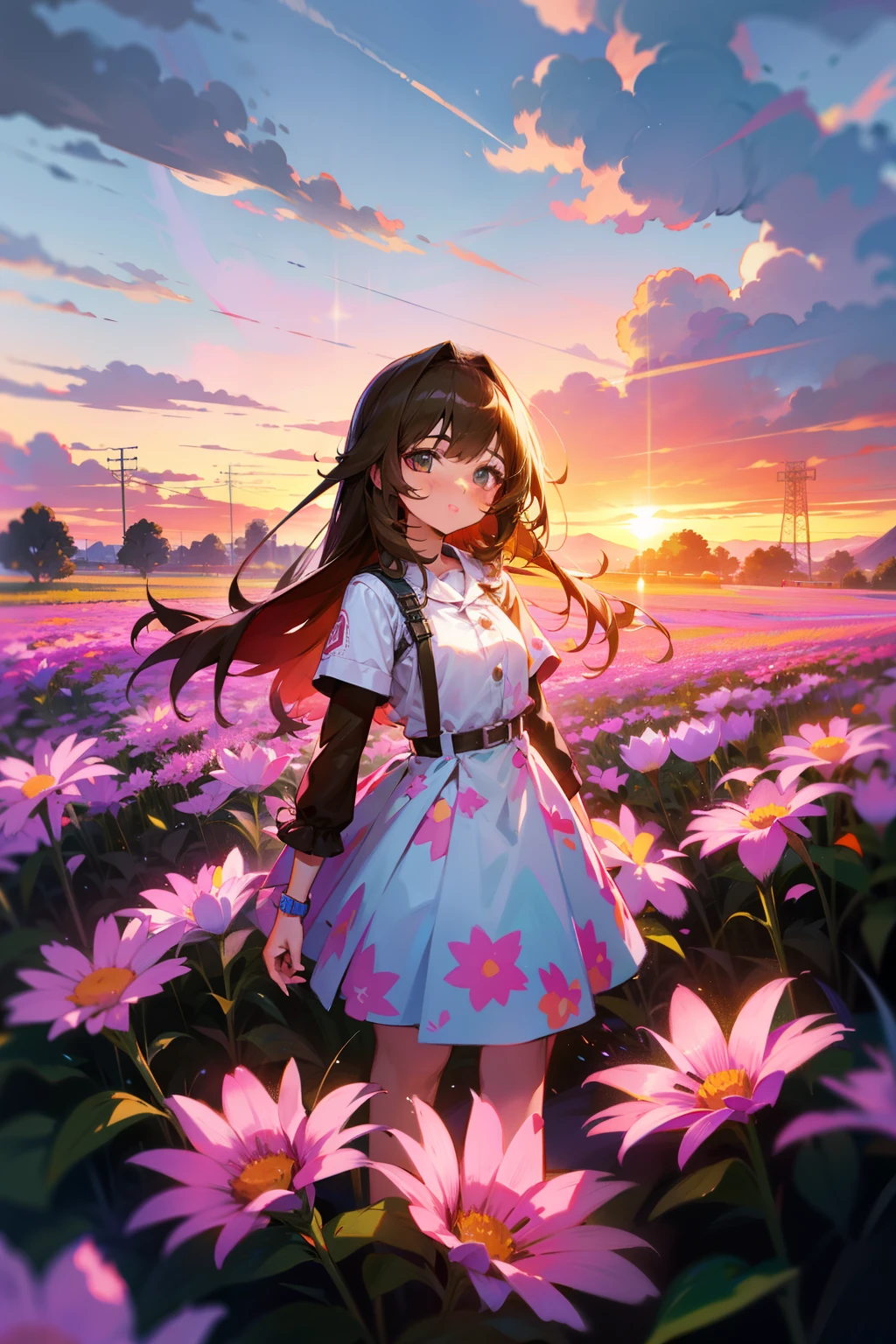 girl standing in a field of neon flowers, detailed face, mid shot, clouds, sunrise