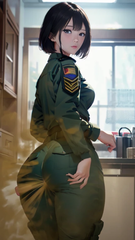 ((velocity)),Attacked by farts, (((Women farting))),(girl farting while shooting practice),velocity,detailed eyes)(a female military cadet,(wearing a military clothing),(her butt facing screen)) (short blackhair),(Asian woman),(military base),(masterpiece:1.2、top-quality, best-quality)、(the Extremely Detailed CG Unity 8K Wallpapers、ultra-detailed、Best Shadows)、(细致背景)、(The best lighting、extremely delicate and beautiful)、depth of fields、1girl in、独奏、