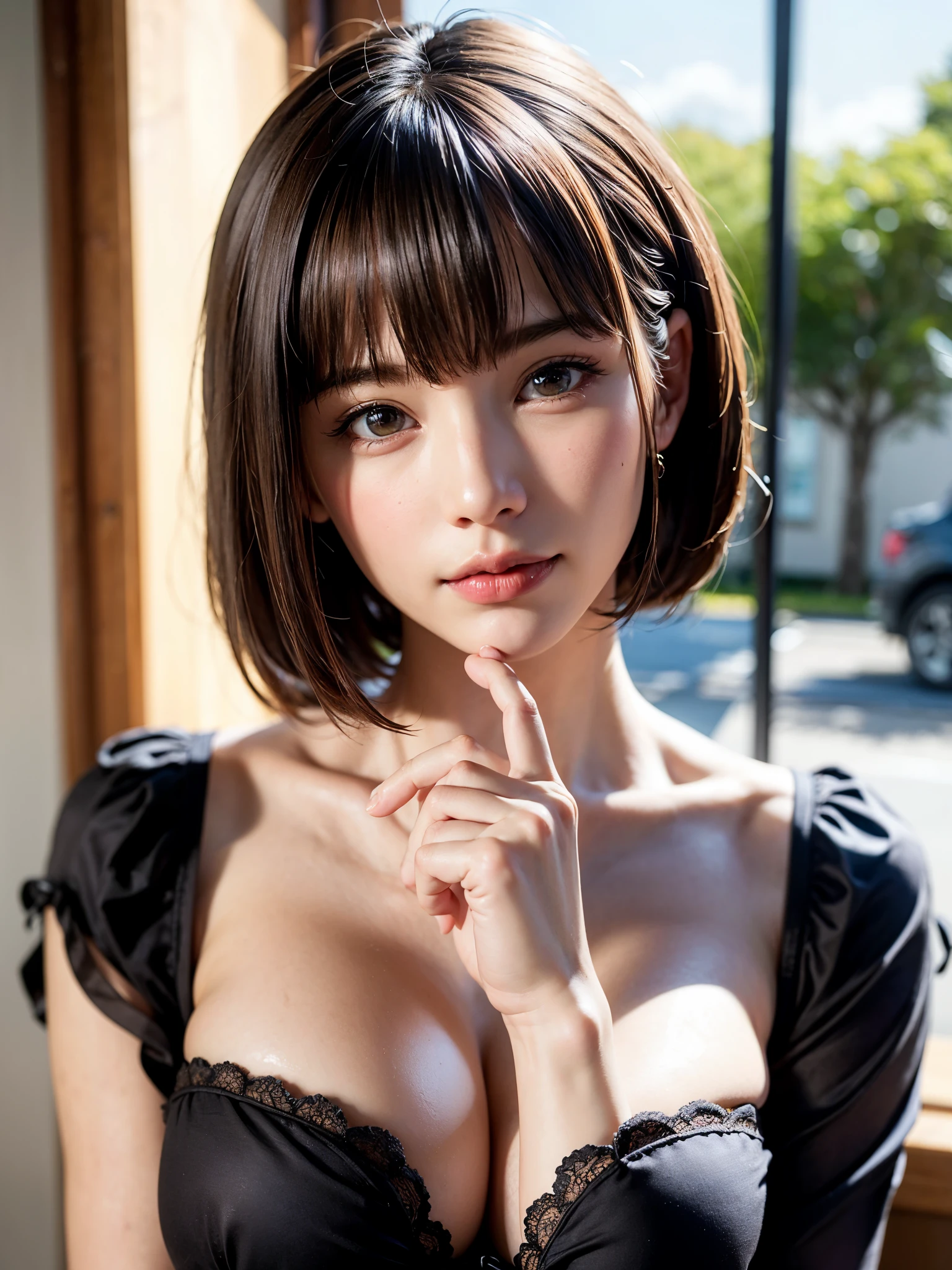 1 girl、highest quality、realistic、Report、Depth of bounds written、natural soft light、daytime、attractive、beautiful face、cleanliness、pure face、white skin、cute hawk hair、bangs、beach、Light of the sun、Nedium Breast Body Esbian、((セーター黄金比のbeautiful face 対称性のあるbeautiful face))、long neck、Please show your ears、bangsのあるきれいな短いボブヘア、smile with your mouth closed:1.4、smile with your mouth closed:1.4、perfect hands指、perfect hands、perfect body、perfect face、shine a light on the eyes、perfect anatomy:1.4、very cute super model:1.4