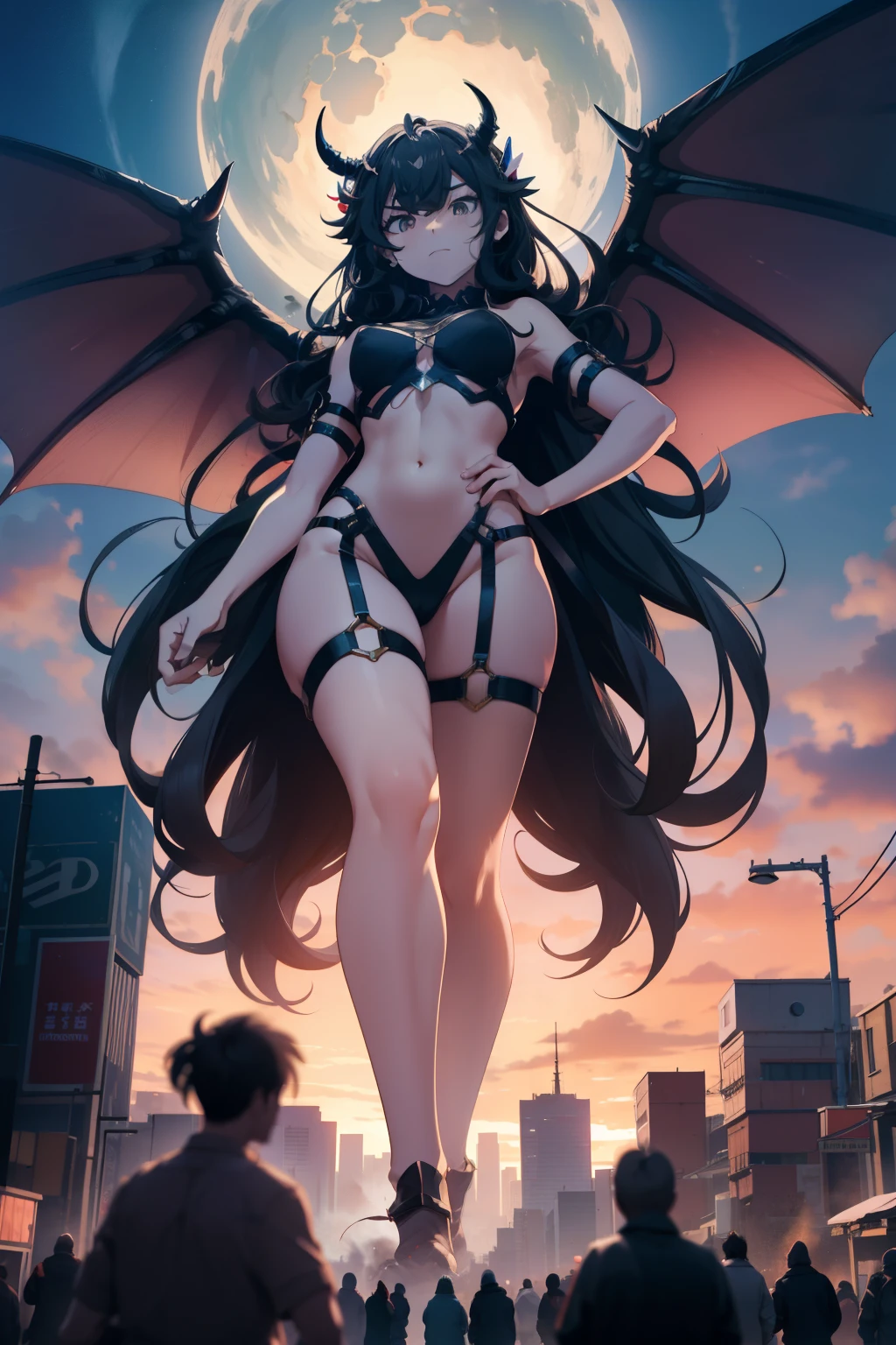 giant girl 50,0000000 feet high, Have a pair of long legs，Possessing a pair of huge demon wings，Has black waist-length hair，Loose hair，Wearing a pair of high heellack curly hair，hands on hips，A look of enjoyment，Standing tall in a small town crowded with people, destroying them wantonly，It seems like an invincible existence