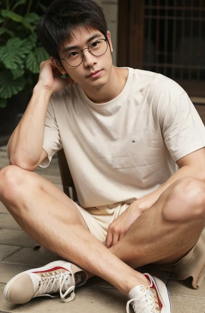 very hairy legs, wearing converse, A man in his late 20s sitting with his legs crossed., Japanese, asia, wearing beige shorts, wearing a t-shirt, muscular and toned legs, glasses