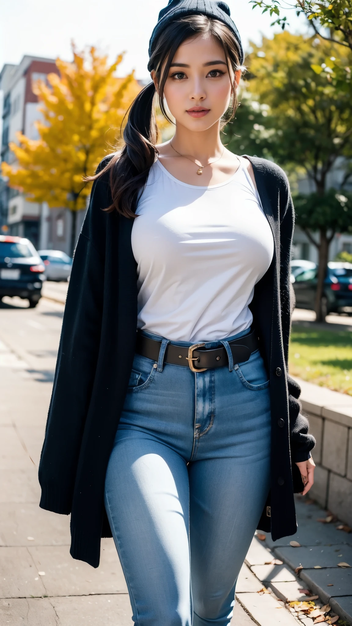 Beautiful  Bollywood supermodel woman with a , black hair, bangs, twintail, widest waist, fitting breasts, curvy accentuated booty, sparkling olive-green eyes, long eyelashes, thick thighs, Strong calves, smirk, taniaayusiregar, She wears a black wool cardigan, yellow shirt, white jeans, brown belt, black beanie, she waits in a park, photorealistic, Masterpiece, bokeh, Volumetric lighting, Fall season atmosphere, uhd, masterpiece, highest quality