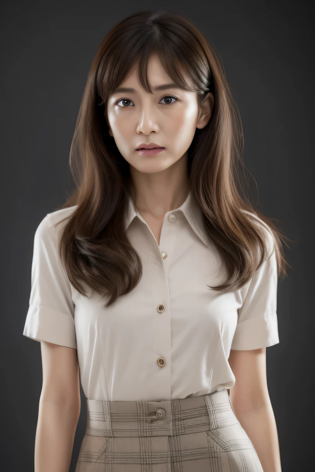 ultra high resolution, masterpiece, rough skin, very detailed, Photoreal, professional lighting, written boundary depth, sharp,
gray background, (japanese mature, 15 years old), women sexy, detailed face, beautiful eyes, bangs, well-shaped small breasts, light brown long straight hair, faint lips, ((stand in front、look at the audience, serious face eyes.)), buttoned shirt, skirt, full body photo, cowboy shot
