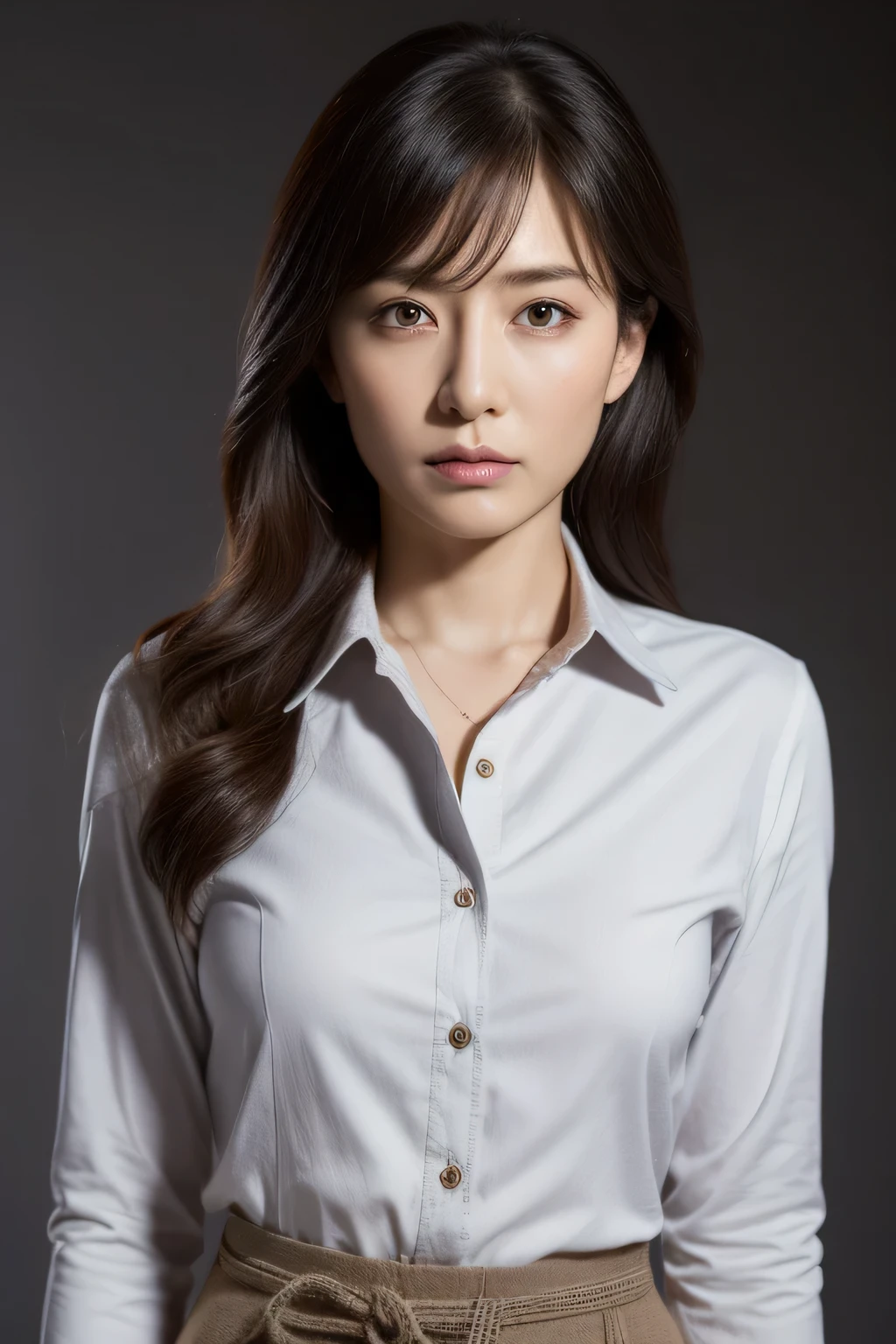 ultra high resolution, masterpiece, rough skin, very detailed, Photoreal, professional lighting, written boundary depth, sharp,
gray background, (japanese mature, ), women sexy, detailed face, beautiful eyes, bangs, well-shaped small breasts, light brown long straight hair, faint lips, ((stand in front、look at the audience, serious face eyes.)), buttoned shirt, skirt, full body photo, cowboy shot