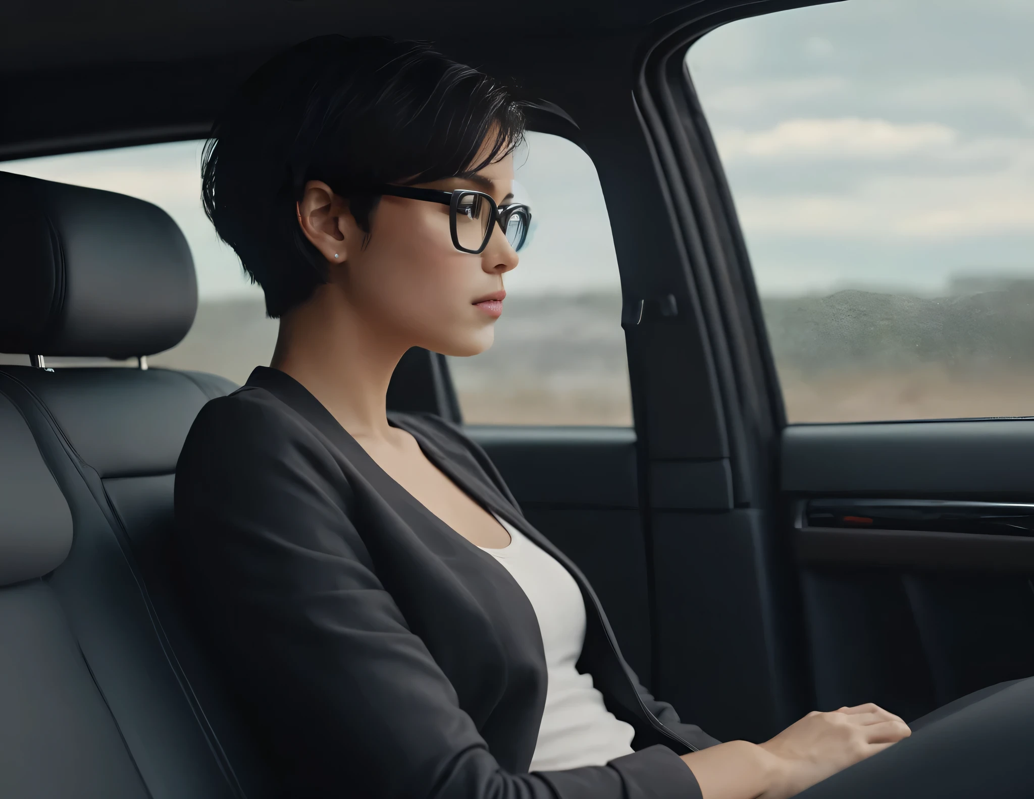 woman with black short hair, wear black glasses, detailed, Beautiful, Realistic