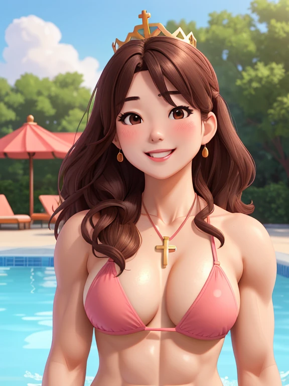 attractive korean woman, ripped muscle, muscular body, small breast, pale skin, smile(blush), bikini, crown, cross necklace, sixpack abs, [ultra detailed skin:1.2], brown hair, wavy hair, 8k uhd, pussy, full body, crowd, public, poolside, standing,