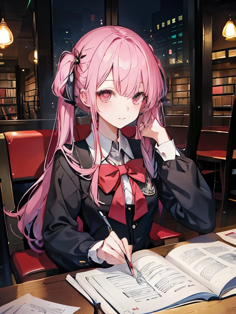 anime girl school uniform playing chess, grinning expression, in the library, wearing glass, braided twin tails, black eyes, red crimson demon like pupils, masterpiece, high quality, best quality, playing chess, sitting on the chair, facing the chessboard, playing chess