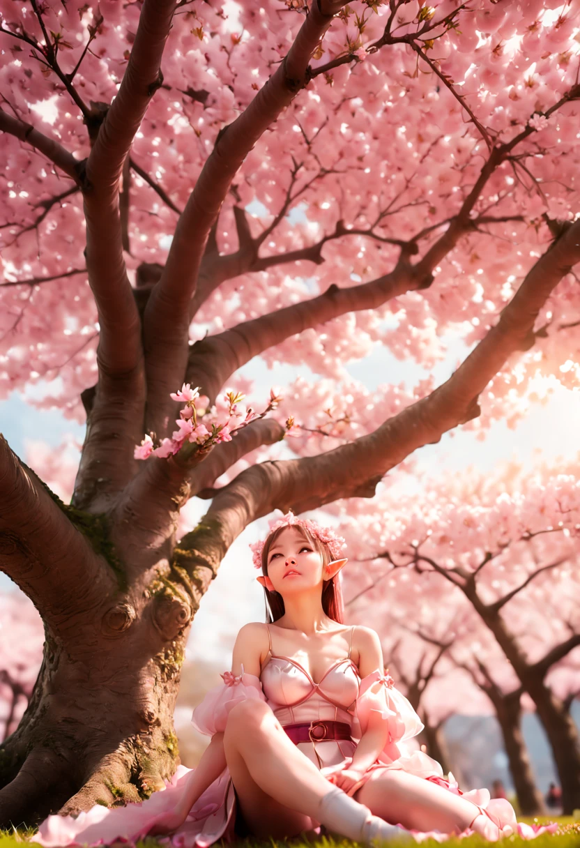 a Beautiful Elf, Pointy ears and charming eyes, sitting under the sakura tree, knee up, from below, wide shot, mid shot, full body, panorama, depth of field, looking up, pink petals, tyndall effect, backlight, Romance, film grain, RAW photo, Cinematic lighting, octane render, (best quality, masterpiece, Representative work, official art, Professional, 8k:1.3)