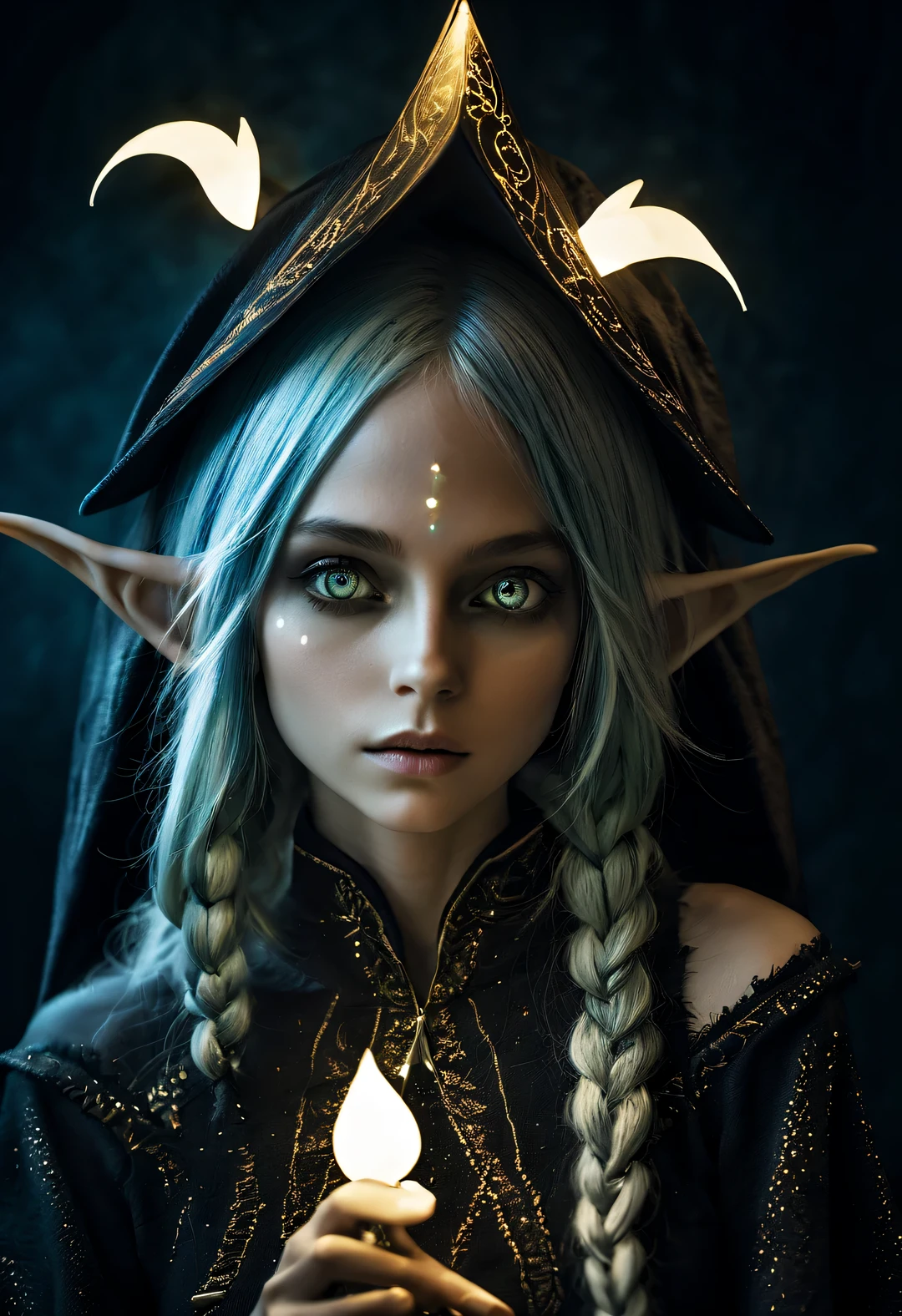 Charming closeup portrait of nordic elf, Minimalism, eternal melancholy, Stylish photography style, Dramatic firefly light, black to black, Asymmetrical composition, concept fantasy, Intricate details - ar 1:2-s 750-q 2,