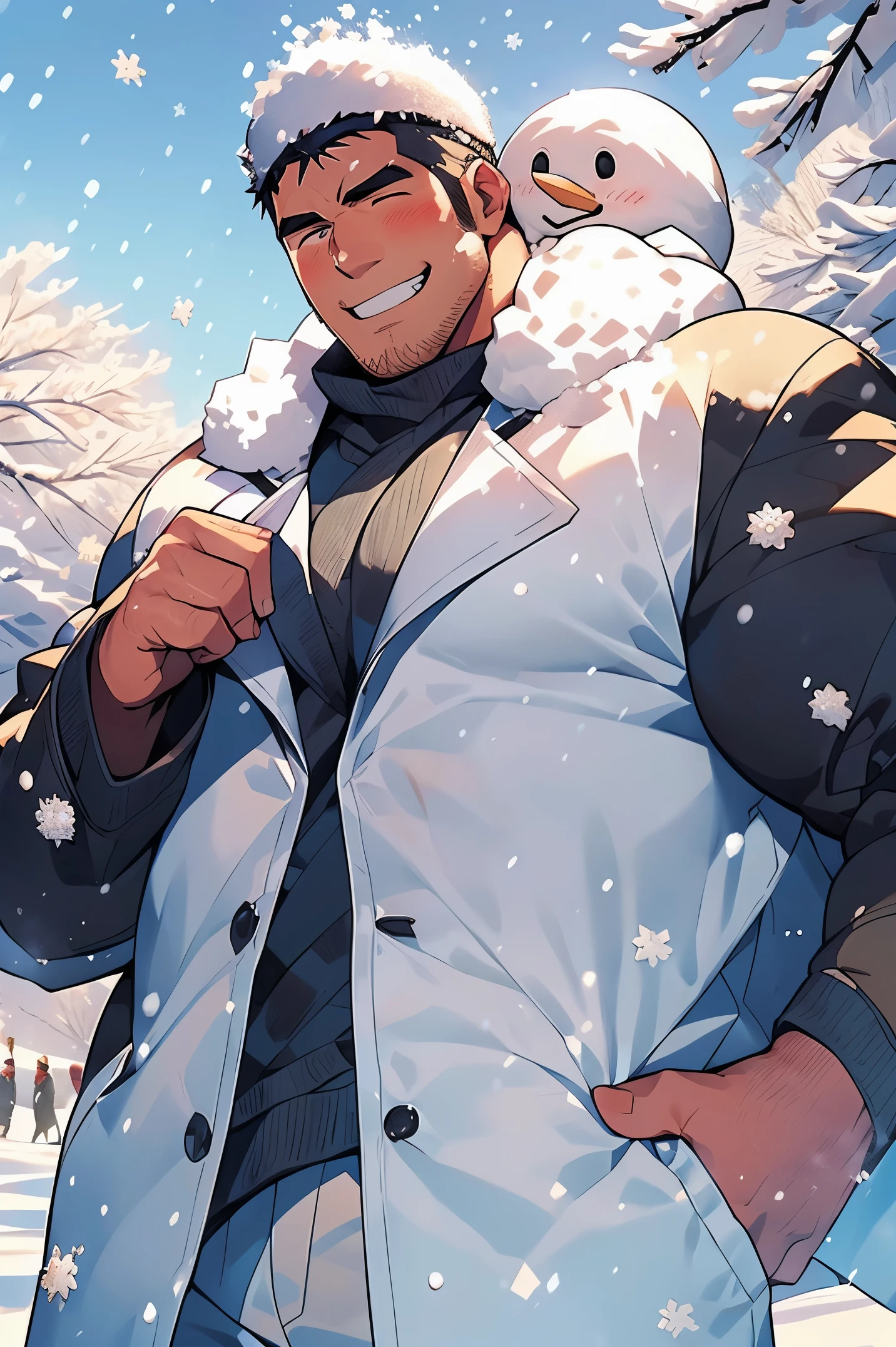 morning,(masterpiece, best quality, Solo Male、anime style、wearing down jacket、マフラーを着用している, snowman:1.2)、(beautiful Snow field:1.5),thick eyebrow, [(muscular male:1.2)|Musclegut], ([Massive|:1.2)Stocky], short-haired、cropped hair、(Bigchest),popular on Instagram、blushed face、a handsome、a beard,Smiling smile、snowman