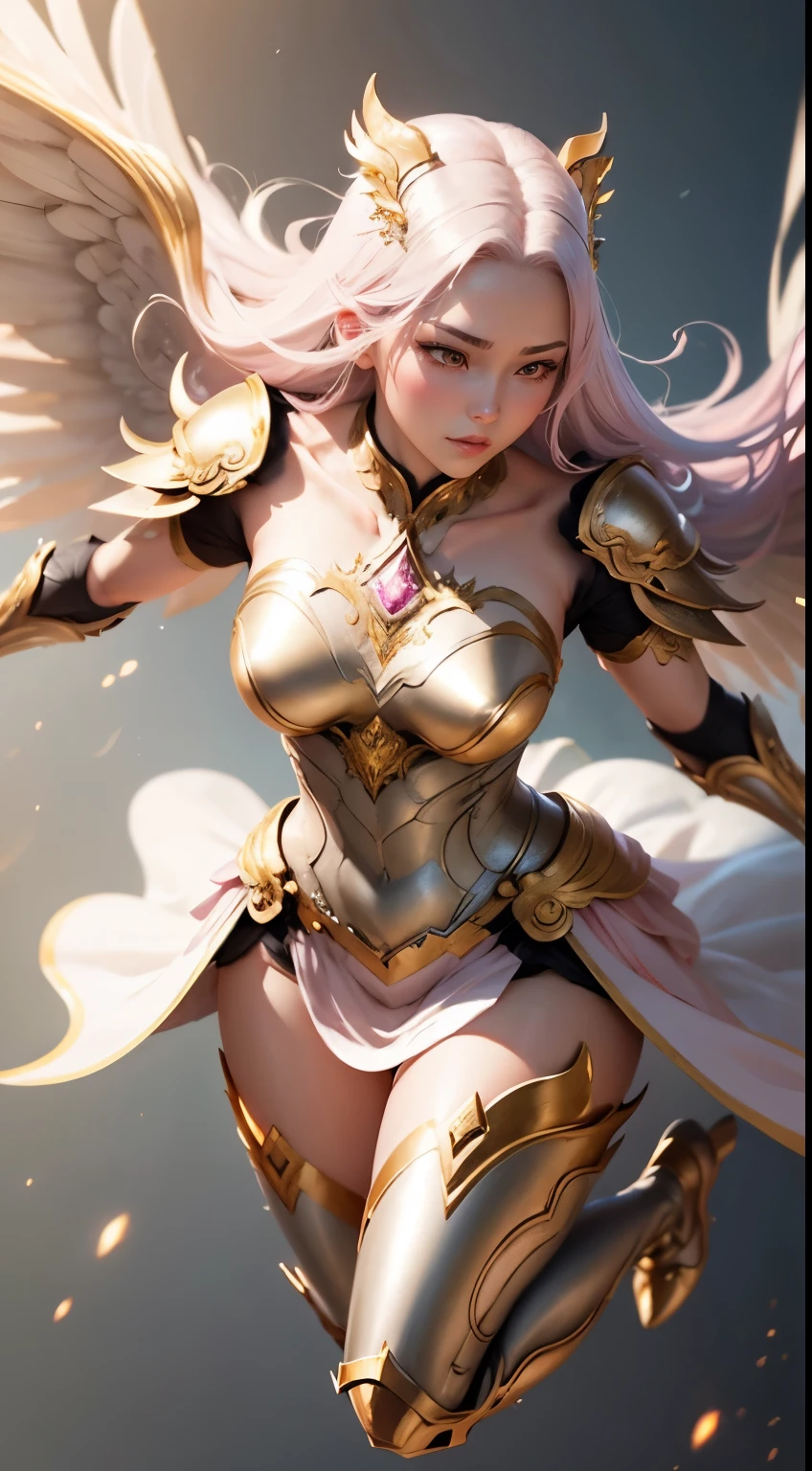 a close up of a woman in a silver and gold pink dress, flying, full body, chengwei pan on artstation, by Yang J, detailed fantasy art, stunning character art, fanart best artstation, epic exquisite character art, beautiful armor, extremely detailed artgerm, detailed digital anime art, artgerm on artstation pixiv, armor girl