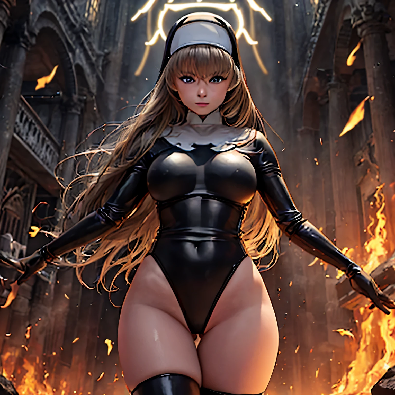Award-winning flying concept art (1 girl:1.2) in platinum shiny ornate armor, amazing, god's rays, Centered, (masterpiece:1.2), (highest quality:1.2), wonderful, very detailed, beautiful, finely, Warm and soft color grading, Depth of bounds written, Highly detailed 8K, Fine art, amazing, iridescent, shiny, light reflection, Breezy, curl, Wind, Flying leaves, dynamic pose, hyper realism, vibrant, illuminated, disorganized、A nun girl wearing a black high-leg swimsuit、blonde long hair、blue eyes、naked thighs、sexy、black short boots、floating in the sky、girl is a person々He sacrificed himself to save the world and was taken to heaven.、A girl looking up to the sky with an ecstatic expression、The girl's work in this world is over.、solo, 背景は地獄のWind景, bottom of hell, A field of boiling lava、Raging Flames、The Last Battle in Hell, 終末的なWind景!!!!!, Mustafar, Ruins of Hell, ! 終末的なWind景!!, とてもwonderful D & D The Art of the Dark Sun, Gates of Hell, Gates of Hell, WORLD OF WARCRAFT, Deliverance from the Underworld!!!!!!