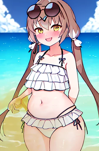 highest quality、masterpiece、high resolution、solo、{hifumi_bluearchive:1.15}、long hair、twin tails、ローtwin tails、yellow eyes、light brown hair、blush、open your mouth、bangs、smile、clavicle、1 girl、bikini、Day、wears glasses on head、frills付きbikini、frills、null、sunglasses、swimsuit、白bikini、cloud、belly button、outdoor、青null、Ocean、women stink、fart、embarrassing