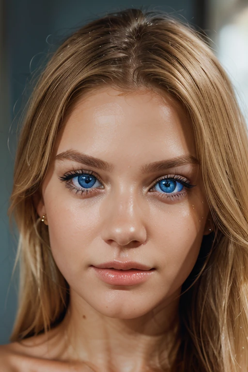 Generate a realistic and captivating close-up portrait of a blonde woman with sparkling blue eyes, showcasing her natural beauty.