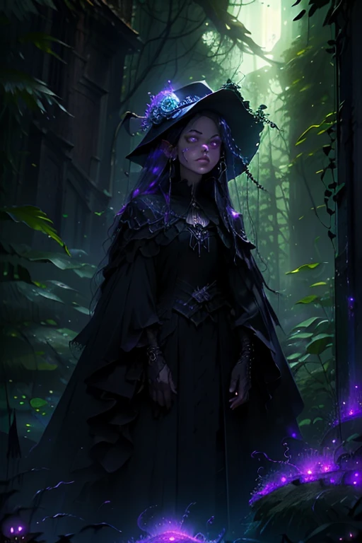 ETIQUETAS: bruja malvada venenosa, terrible glowing purple spells, neon green, purple, dark atmosphere, escalofriante, misterioso, siniestro, magical, ojos brillantes, nariz larga y torcida, flowing black robes, Bosque encantado, brumoso, obsesionante, Neblinoso, Criaturas espeluznantes, Bats, Spiders, misterioso moonlight, Twisted trees, sombras siniestras, Caldero de bruja, bubbling potion. (Mejor calidad, 4k, high resolution), ultra detallado, Realista, retratos, dark fantasy, vivid colors, changing lighting.