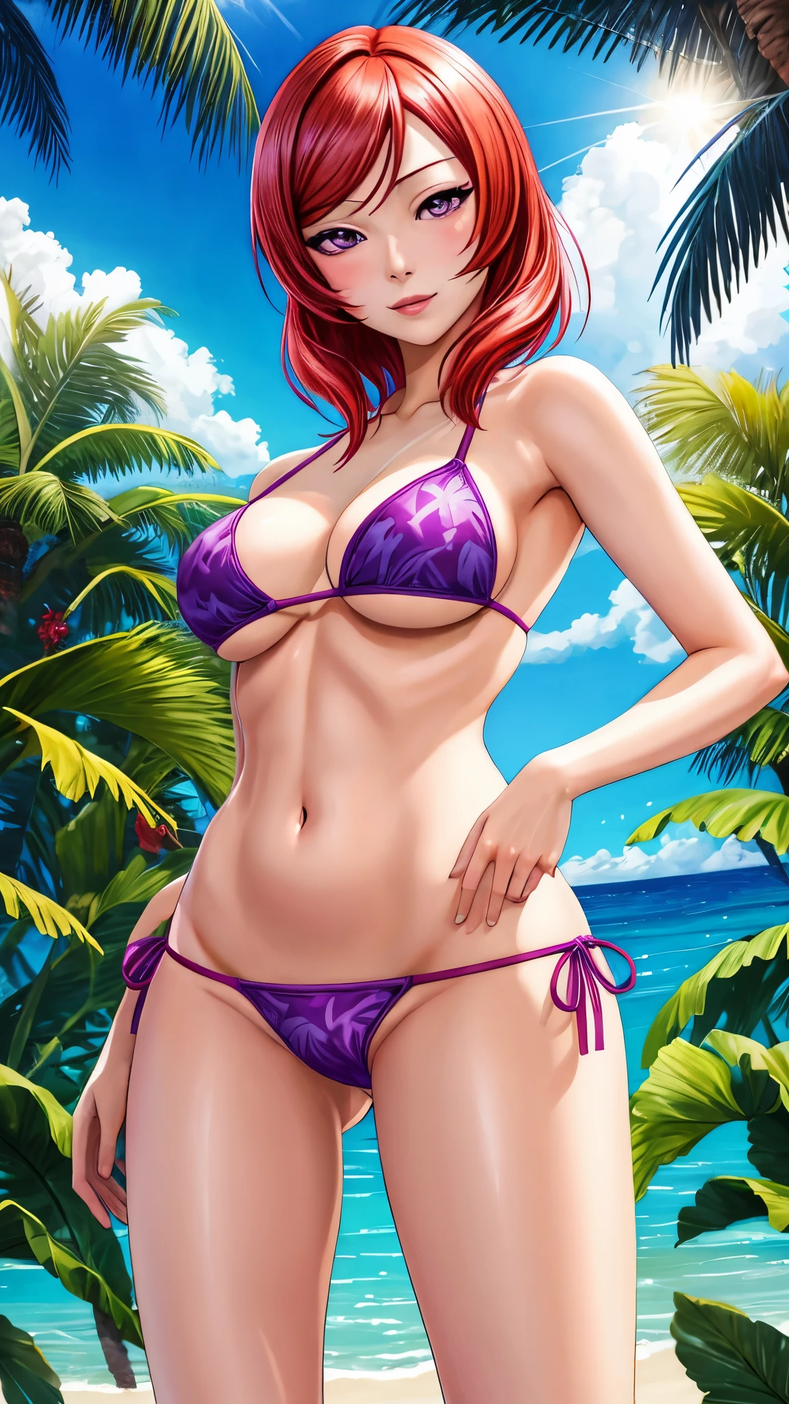 masterpiece, best quality, realistic art,nishikino maki, purple eyes, (palm tree:1.000), (breasts:0.992), (tree:0.981), (sky:0.980), (day:0.973), (plant:0.969), (solo:0.966), (swimsuit:0.960),(bikini:0.913), (outdoors:0.913), (looking at viewer:0.880), (blue bikini:0.877), (cloud:0.799), (navel:0.791), (underboob:0.751), (medium breasts:0.704), (sunlight:0.657), (blush:0.635), (cowboy shot:0.566), (stomach:0.535), (thighs:0.508), Pussy