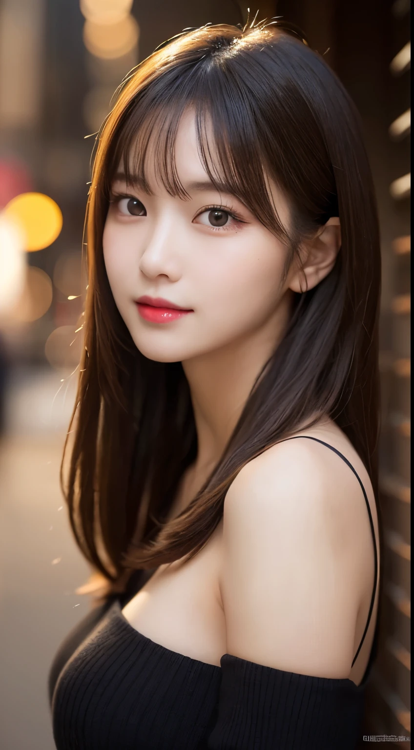 table top, highest quality, figure, super detailed, finely, High resolution, 8k wallpaper, 完璧なダイナミックな構figure, beautiful and fine eyes, Women's fashion in winter,straight hair,small breasts、natural color lip, bold sexy pose,smile、20 year old girl、cute、sexy shot looking at camera,night scene,beautiful detailed face、KPOP idol face,japan idol face,elegant face,a classy woman,Slim face and body,small face,Big eyes,とてもcute顔,Do gal makeup