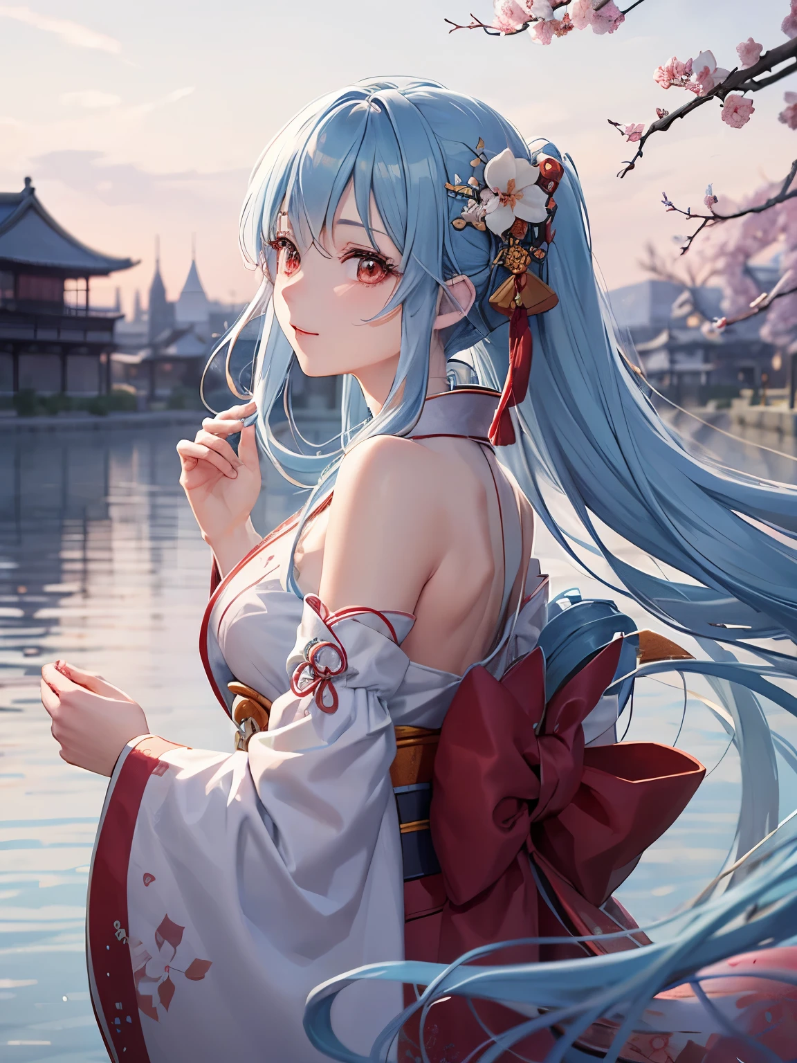 Light blue hair、long hair、red kimono、disorganized、Beautiful, delicate and detailed orange eyes、Beautiful smile with attention to detail、profile、Turn around、;D、Beautiful, delicate, flowing, fluffy hair、Beautiful delicate and detailed hands、very delicate and detailed fingers、close range、solo、Super beautiful illustration、cute and beautiful 、Edo Period、Castle town background in the daytime、Plum blossom