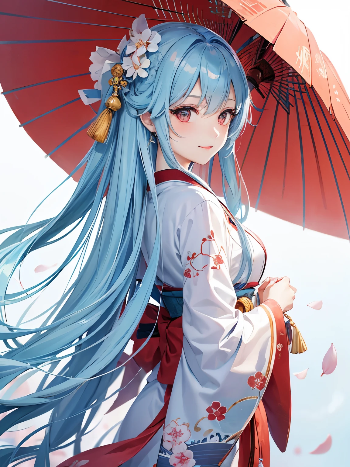 Light blue hair、long hair、red kimono、disorganized、Beautiful, delicate and detailed orange eyes、Beautiful smile with attention to detail、profile、Turn around、;D、Beautiful, delicate, flowing, fluffy hair、Beautiful delicate and detailed hands、very delicate and detailed fingers、close range、solo、Super beautiful illustration、cute and beautiful 、Edo Period、Castle town background in the daytime、Plum blossom