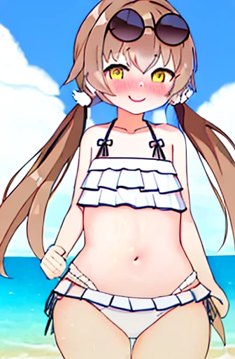 highest quality、masterpiece、high resolution、solo、{hifumi_bluearchive:1.15}、long hair、twin tails、ローtwin tails、yellow eyes、light brown hair、blush、open your mouth、bangs、smile、clavicle、1 girl、bikini、Day、wears glasses on head、frills付きbikini、frills、null、sunglasses、swimsuit、白bikini、cloud、belly button、outdoor、青null、Ocean、women stink、fart、embarrassing、Slender