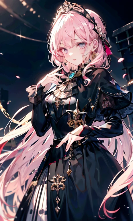 meticulous portrayal of face,1 noblewoman,a matural female,Black dress long dress,(Pink White Long Hair),(dark night background+),Prom,Regalia, s the perfect face, perfect hand, Perfect Finger, Perfect lips, perfect eyes, Perfect background