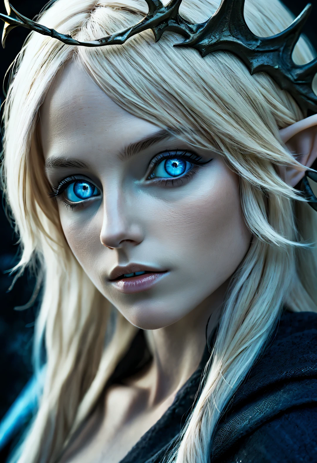 Charming closeup portrait of nordic elf, Blonde hair, blue eyes, Exceptionally beautiful, minimalist, eternal melancholy, Stylish photography style, Dramatic firefly light, black to black, Asymmetrical composition, concept fantasy, Intricate details - ar 1:2-s 750-q 2,