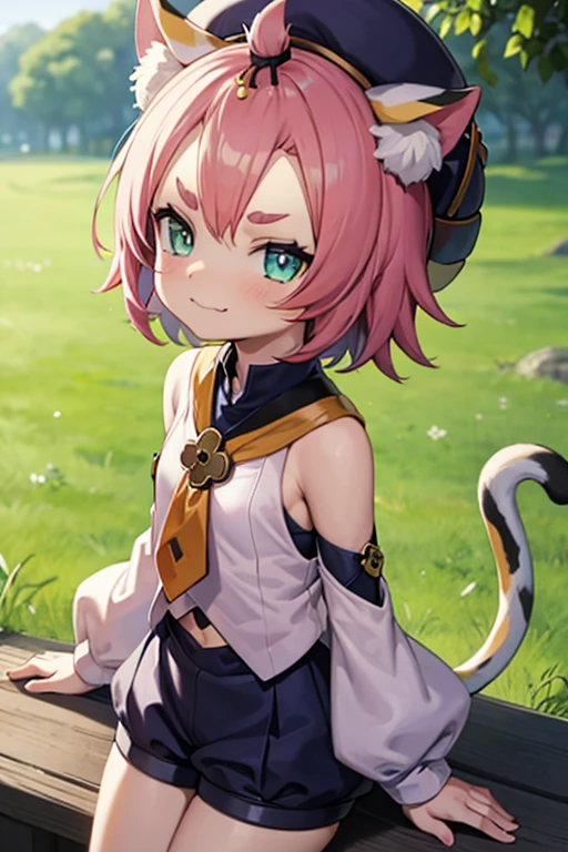 catgirl, bottomless, 10 years old, furrowed eyebrows, smirk, loli, outside, tail, detached sleeves, hat,