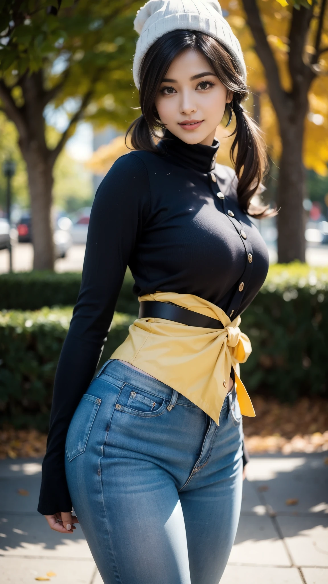 Beautiful Bollywood supermodel woman with a , black hair, bangs, twintail, widest waist, fitting breasts, curvy accentuated booty, sparkling olive-green eyes, long eyelashes, thick thighs, Strong calves, smirk, taniaayusiregar, She wears a black wool cardigan, yellow shirt, white jeans, brown belt, black beanie, she waits in a park, photorealistic, Masterpiece, bokeh, Volumetric lighting, Fall season atmosphere, uhd, masterpiece, highest quality,bikini,curvy,plus size