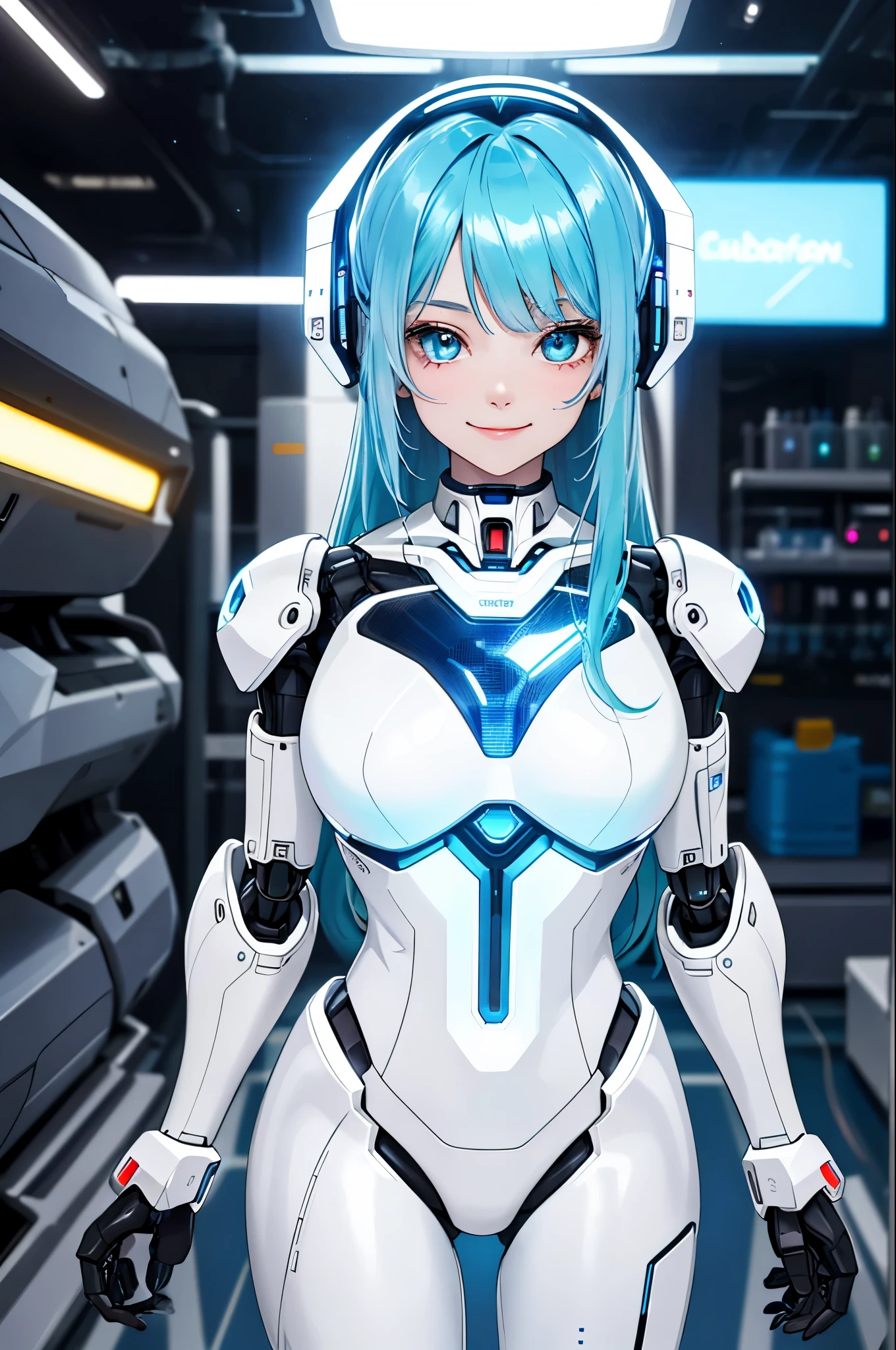 masterpiece, high quality, Mechanized body、I am transformed into a blonde straight-haired girl with a mechanical body cyborg、Surgery to convert to a gynoid cyborg body with exposed mechanical parts、Blue and white leotard-type mechanical armor、首から下はすべて精密Mechanized body単独画像、whole body、True Face