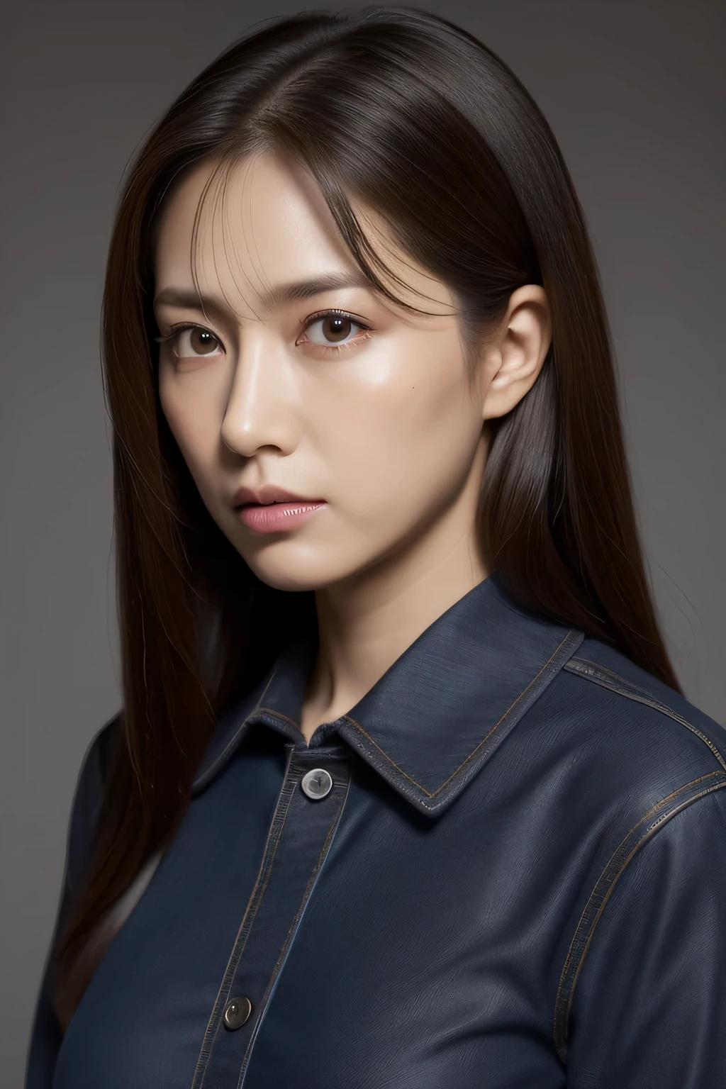 ultra high resolution, masterpiece, rough skin, very detailed, Photoreal, professional lighting, written boundary depth, sharp,
gray background, (japanese mature, ), women sexy, detailed face, beautiful eyes, bangs, well-shaped small breasts, light brown long straight hair, faint lips, ((stand in front、look at the audience, serious face eyes.)), buttoned shirt, skirt, full body photo, cowboy shot