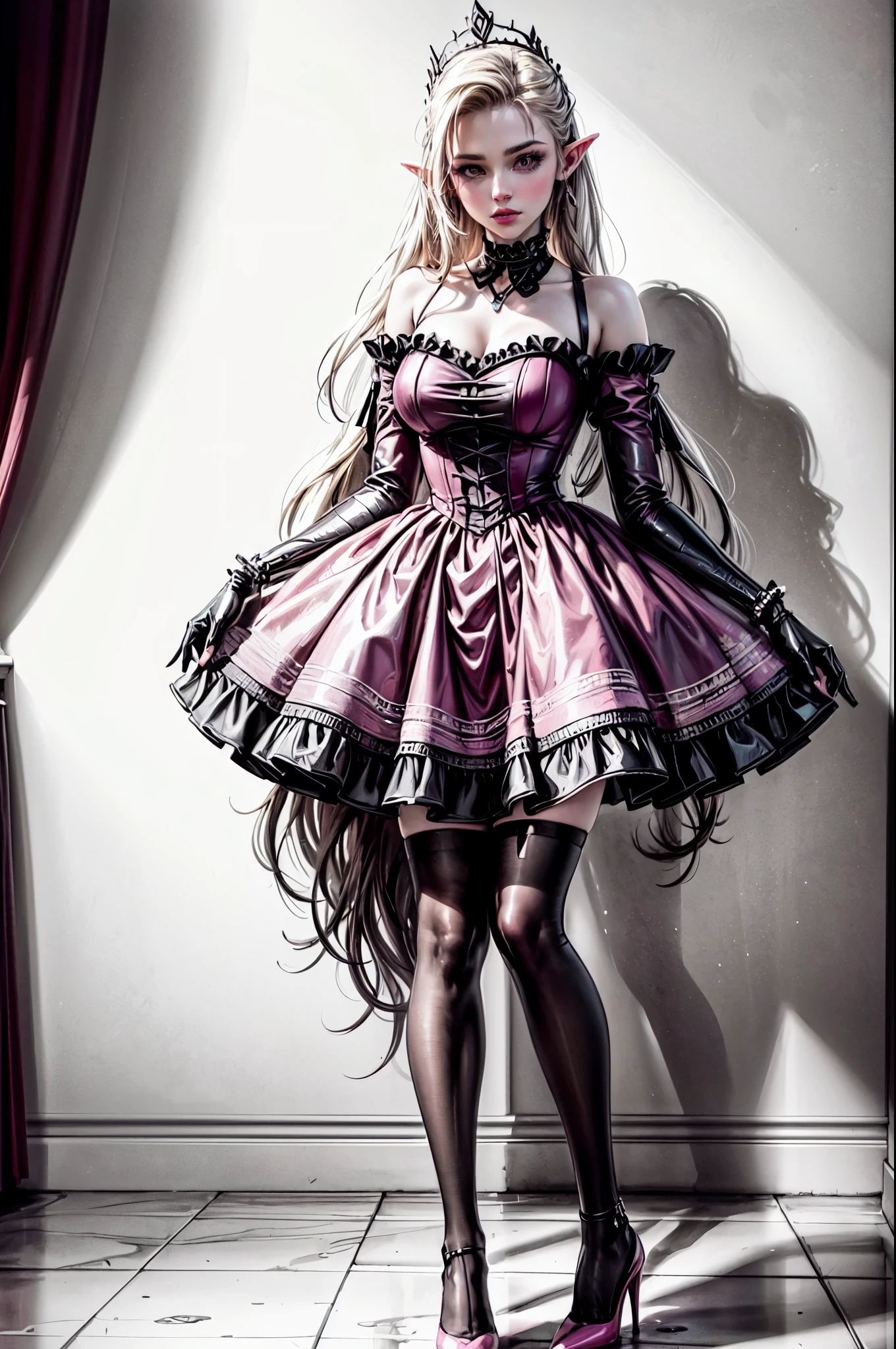 a pin up picture of Elf Barbie as a dominatrix queen (best details, Masterpiece, best quality :1.5), ultra detailed face (best details, Masterpiece, best quality :1.5), ultra feminine (best details, Masterpiece, best quality :1.5), wearing latex (pink: 1.4) mini dress, pink stockings, pink high heels, long braided hair, hair pulled back, blond hair, modern bedroom background (best details, Masterpiece, best quality :1.5), ultra best realistic pictures , best details, best quality, 16k, [ultra detailed], masterpiece, best quality, (extremely detailed), ultra wide shot, photorealism, depth of field, hyper realistic painting