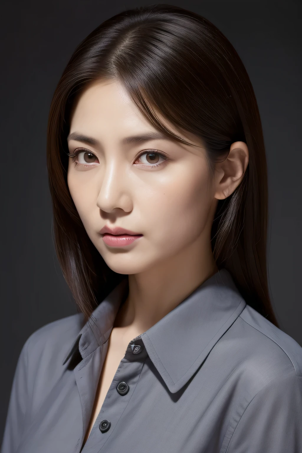 ultra high resolution, masterpiece, rough skin, very detailed, Photoreal, professional lighting, written boundary depth, sharp,
gray background, (japanese mature, 10 years old), women sexy, detailed face, beautiful eyes, bangs, well-shaped small breasts, light brown long straight hair, faint lips, ((stand in front、look at the audience, serious face eyes.)), buttoned shirt, skirt, full body photo, cowboy shot