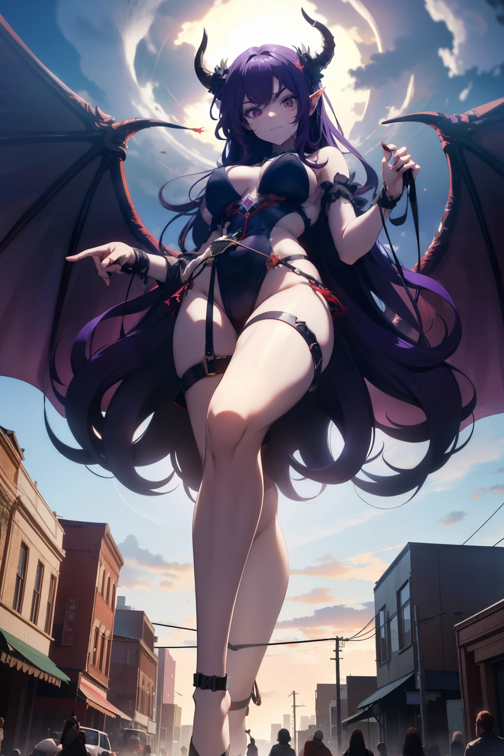 giant girl 50,000 feet high,, Have a pair of long legs,Possessing a pair of huge blood-red demon wings,And a pair of blood-red devil eyes,Has purple waist-length hair,Loose hair,Wearing a pair of high heels,Purple curly hair,Holding a demon sword,A look of enjoyment,Standing tall in a small town crowded with people, destroying them wantonly,It seems like an invincible existence